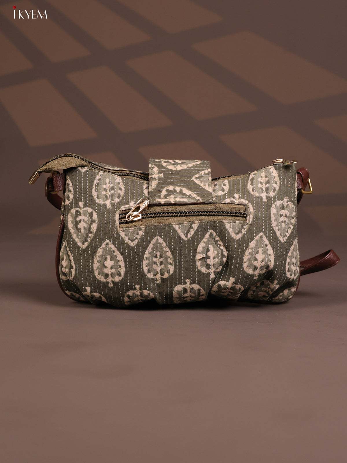 Floral Cotton Leather Sling Bag with 2 Compartments - Green - KD26767