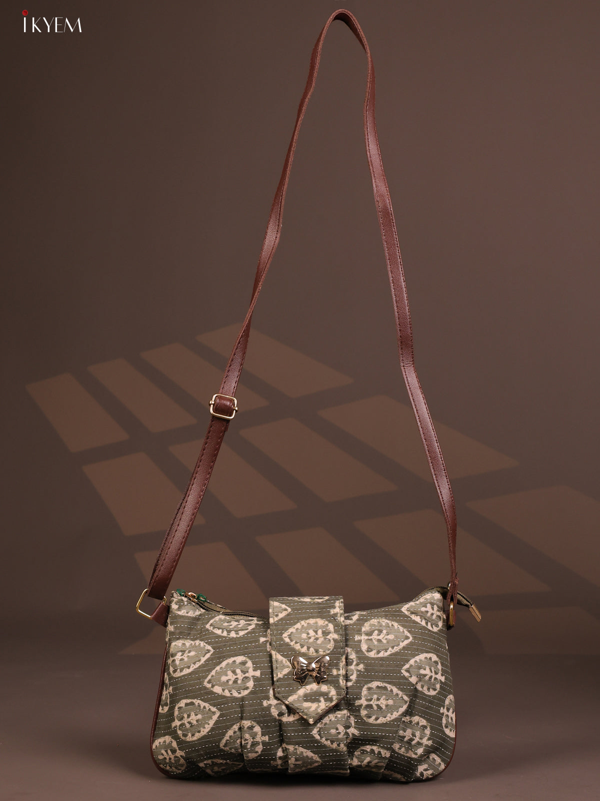 Floral Cotton Leather Sling Bag with 2 Compartments - Green - KD26767