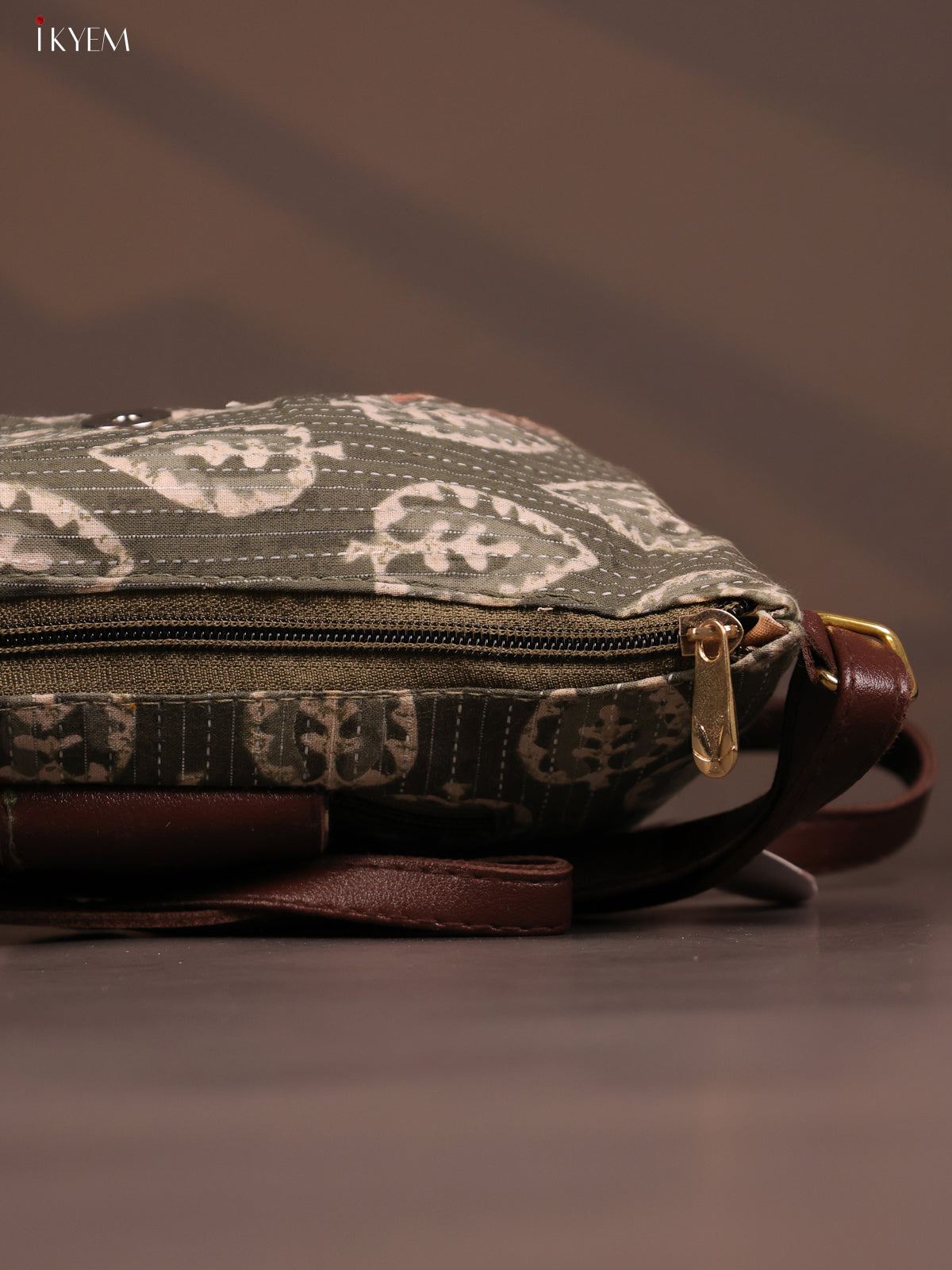 Floral Cotton Leather Sling Bag with 2 Compartments - Green - KD26767