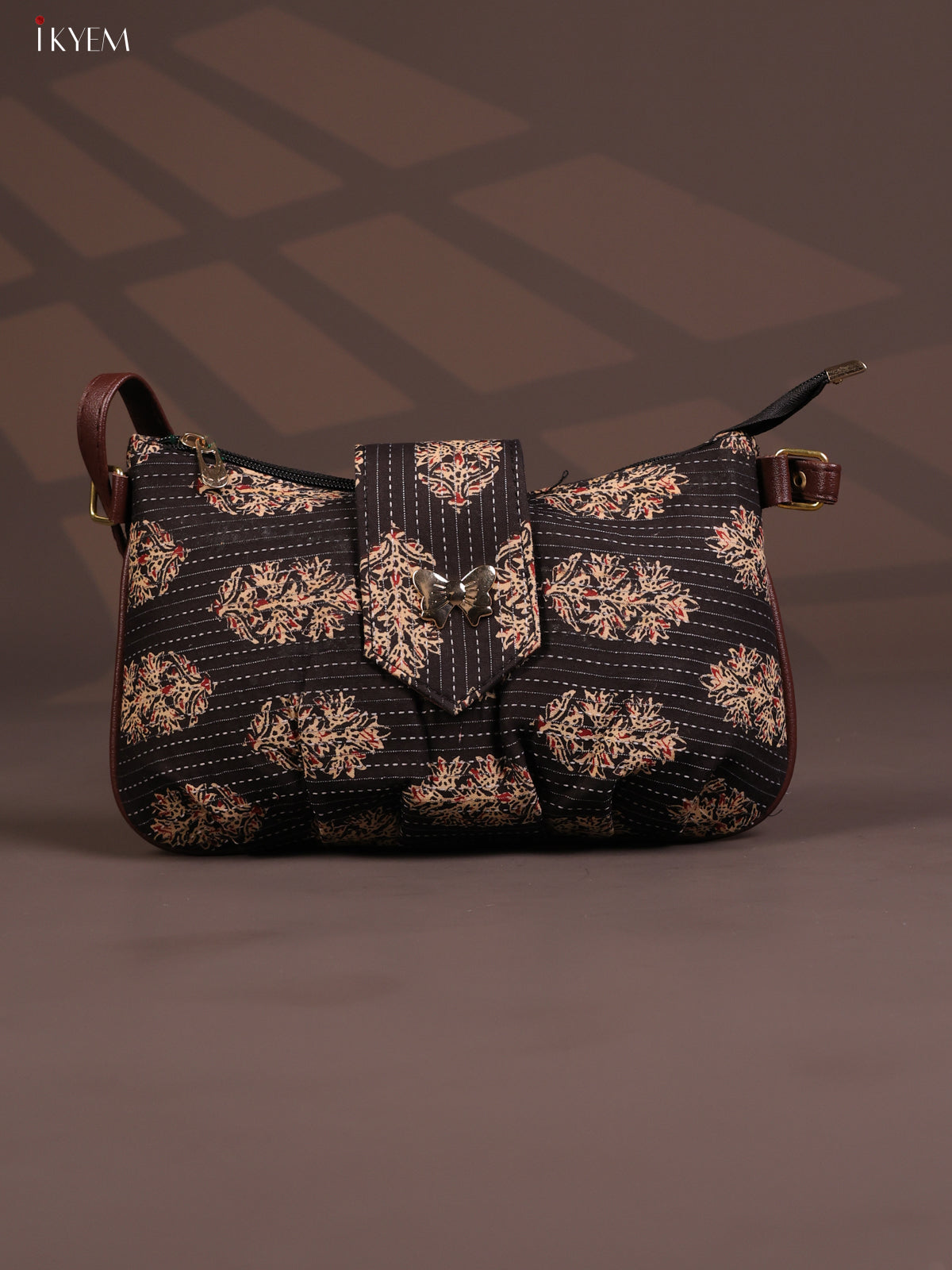 Floral Cotton Leather Sling Bag with 2 Compartments - Black - KD26768