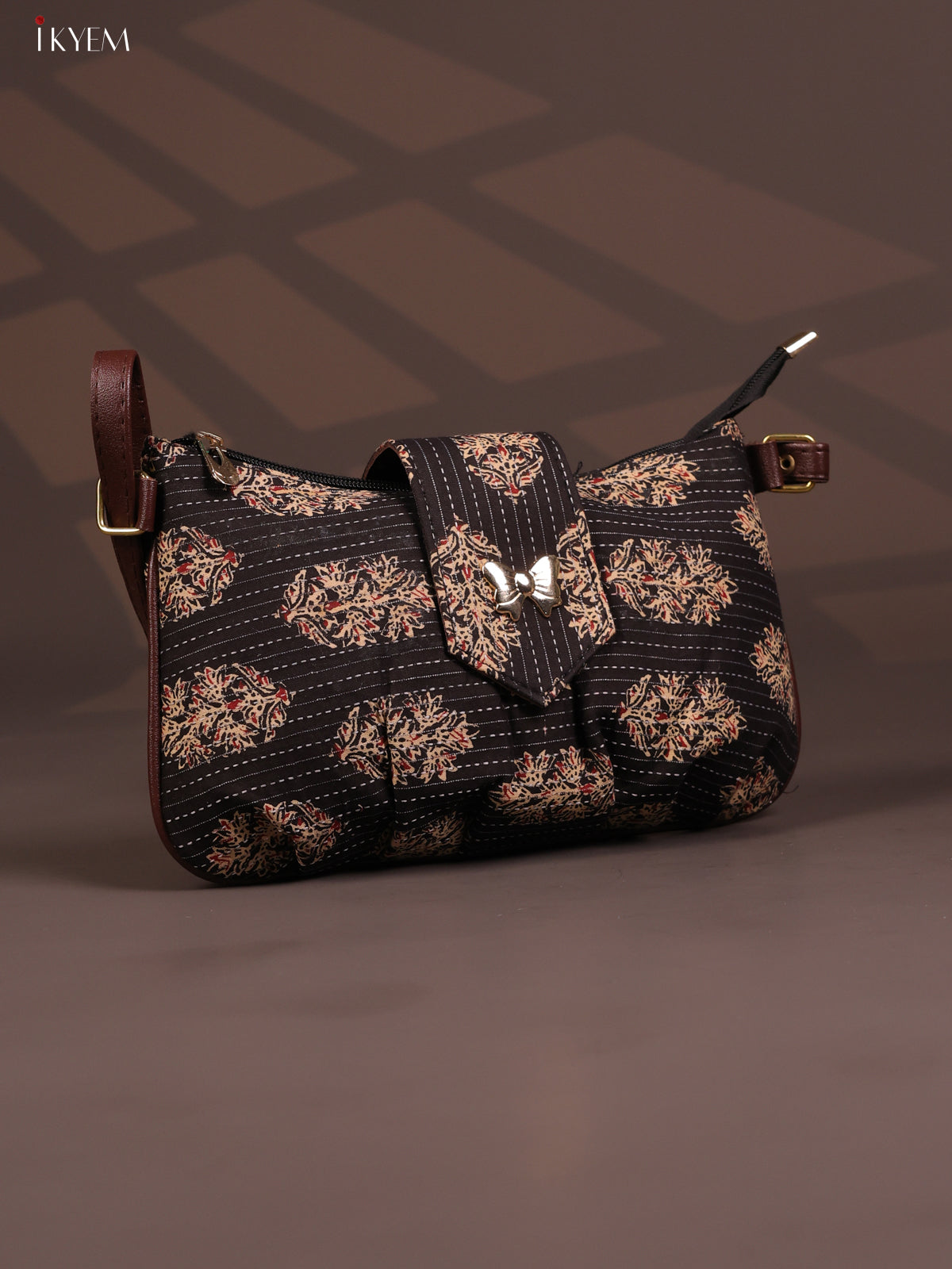 Floral Cotton Leather Sling Bag with 2 Compartments - Black - KD26768