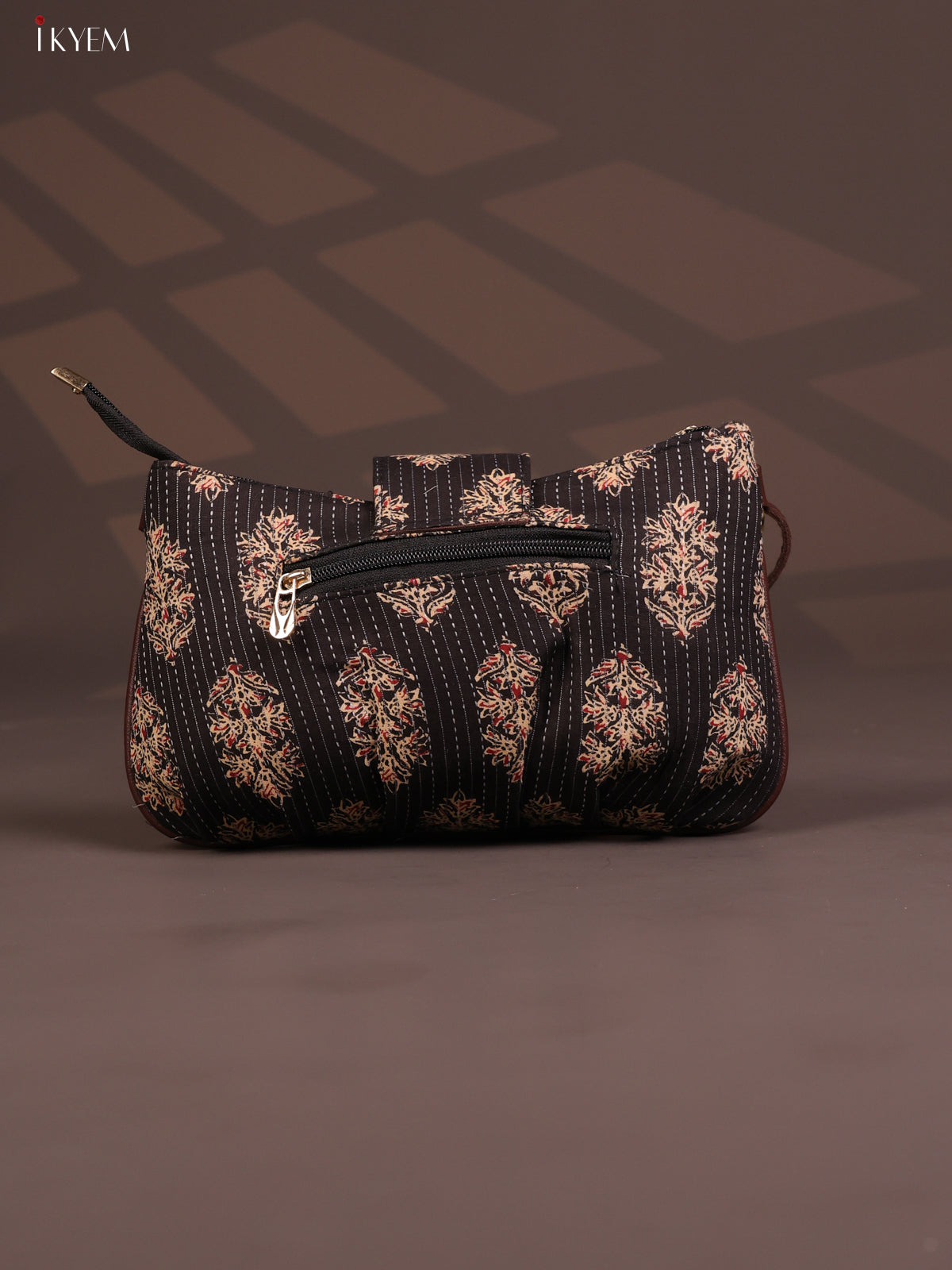 Floral Cotton Leather Sling Bag with 2 Compartments - Black - KD26768