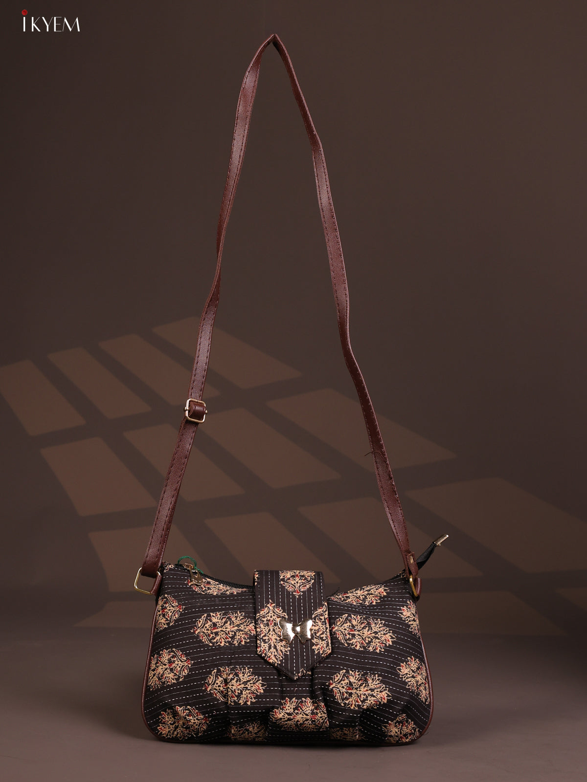 Floral Cotton Leather Sling Bag with 2 Compartments - Black - KD26768