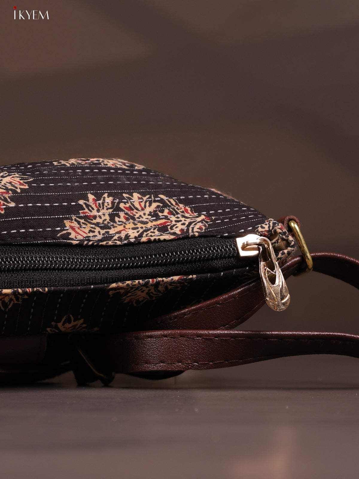 Floral Cotton Leather Sling Bag with 2 Compartments - Black - KD26768