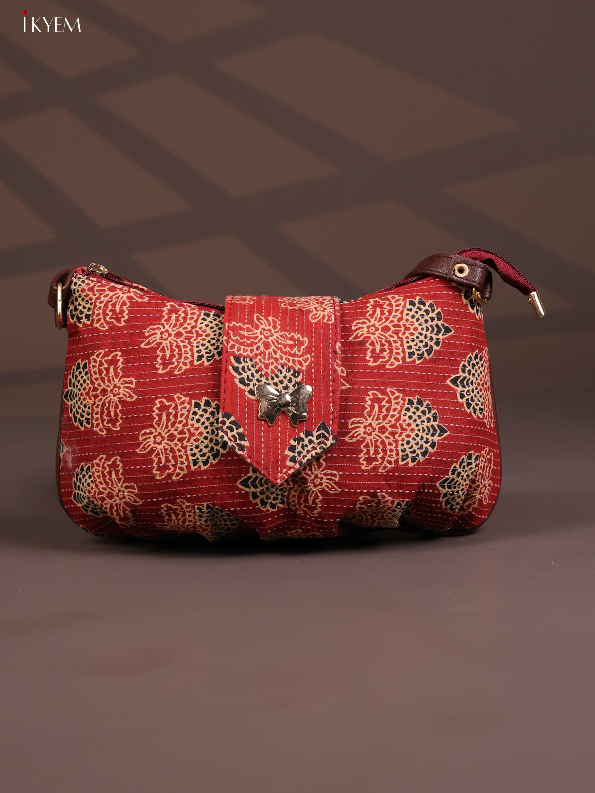 Floral Cotton Leather Sling Bag with 2 Compartments - Red - KD26769