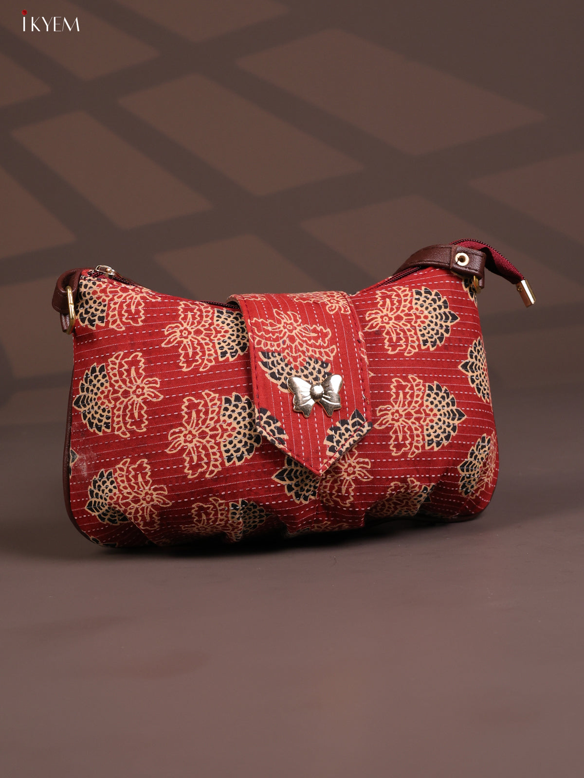 Floral Cotton Leather Sling Bag with 2 Compartments - Red - KD26769