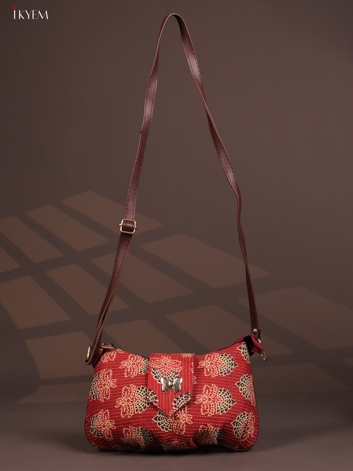 Floral Cotton Leather Sling Bag with 2 Compartments - Red - KD26769