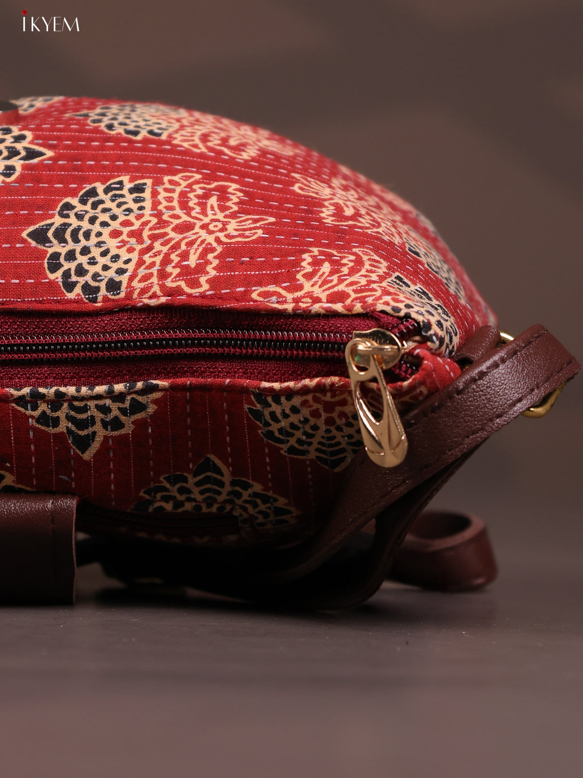 Floral Cotton Leather Sling Bag with 2 Compartments - Red - KD26769