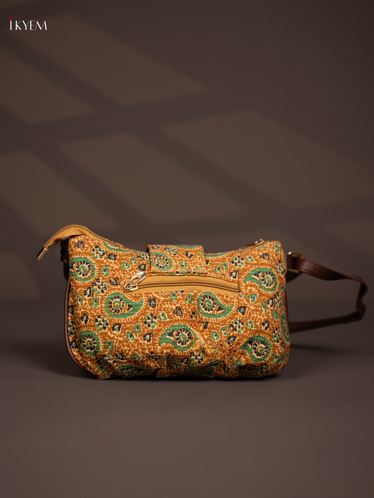 Pasiley Cotton Leather Sling Bag with 2 Compartments - Mustard - KD26770