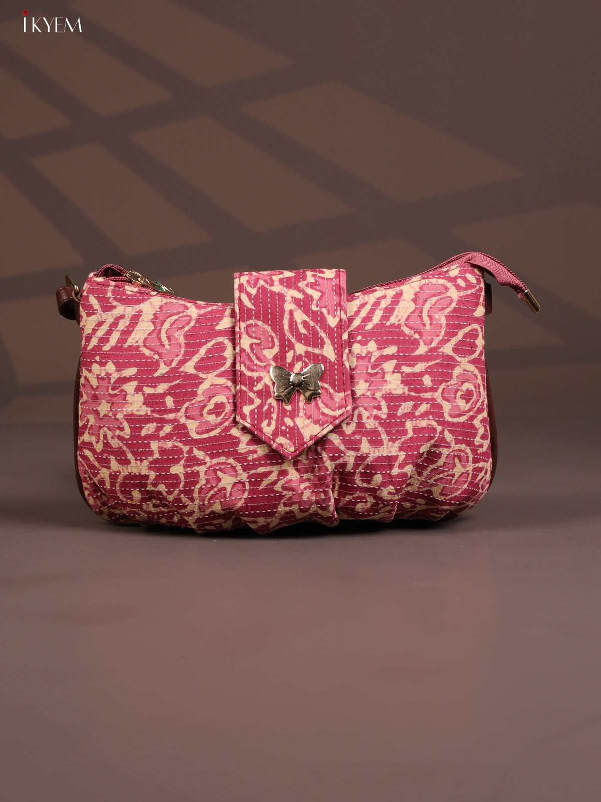Floral Cotton Leather Sling Bag with 2 Compartments - Pink - KD26771