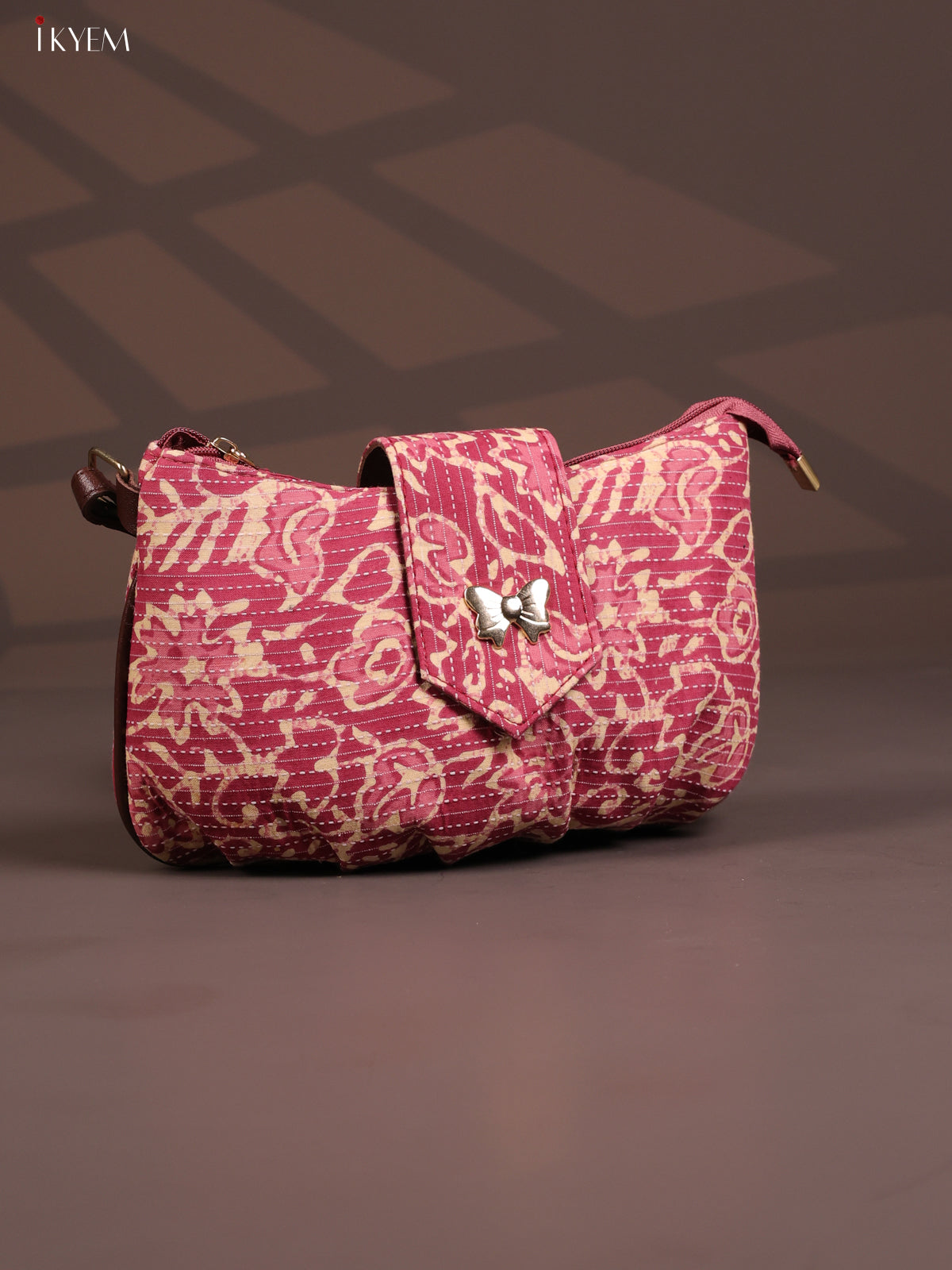 Floral Cotton Leather Sling Bag with 2 Compartments - Pink - KD26771