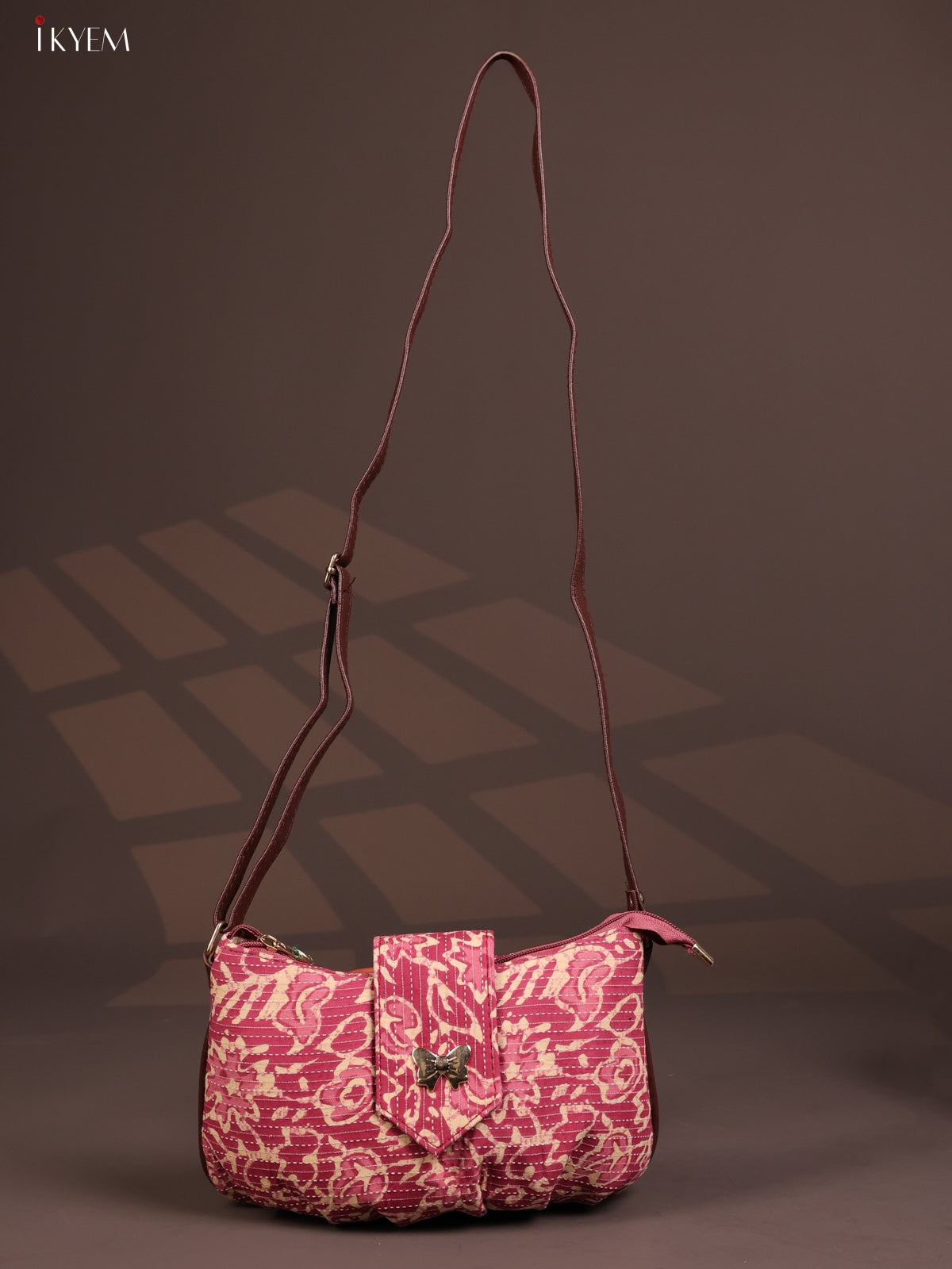 Floral Cotton Leather Sling Bag with 2 Compartments - Pink - KD26771