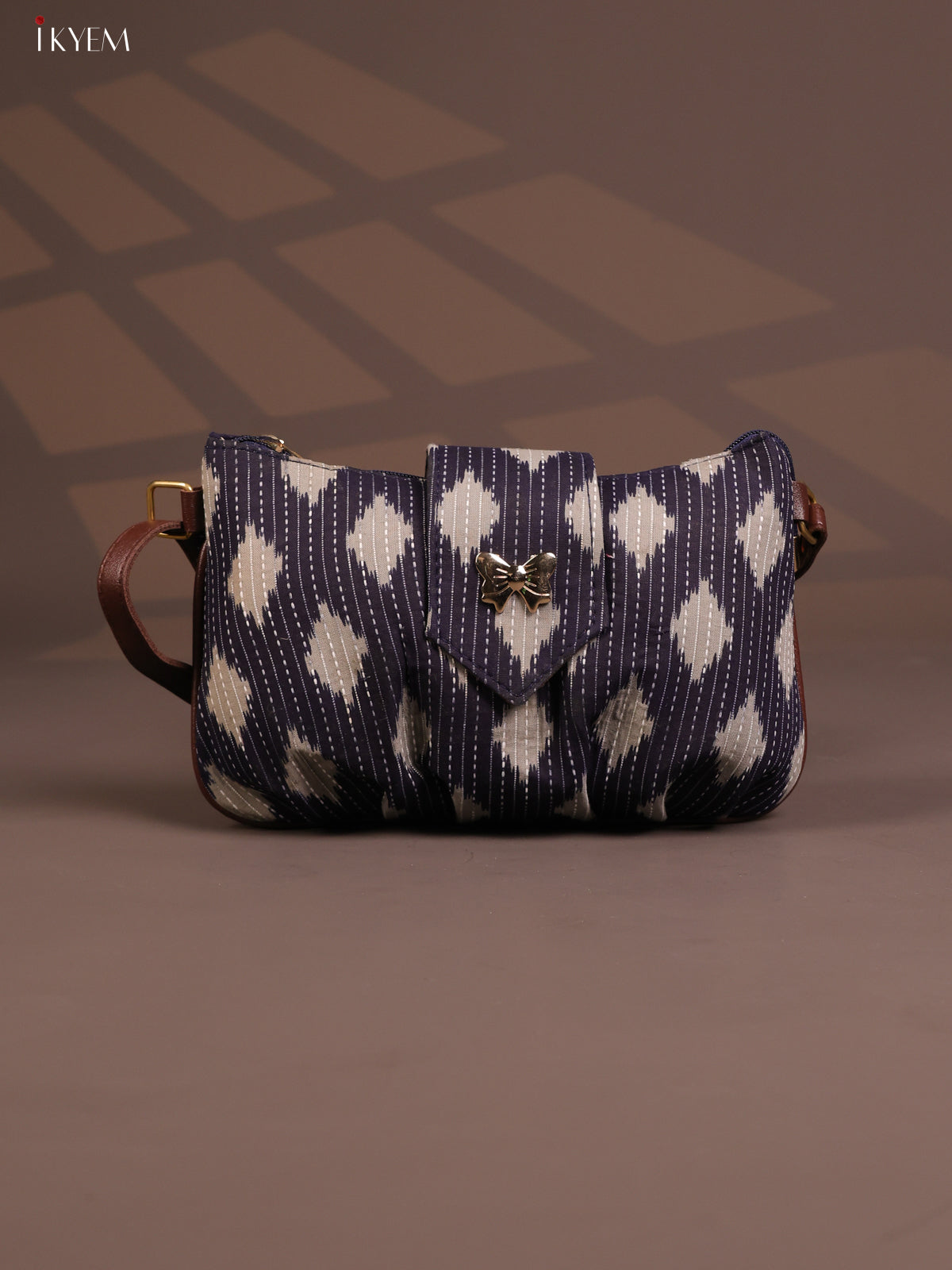 Ikat Cotton Leather sling Bag with 2 Compartments - Gray - KD26772