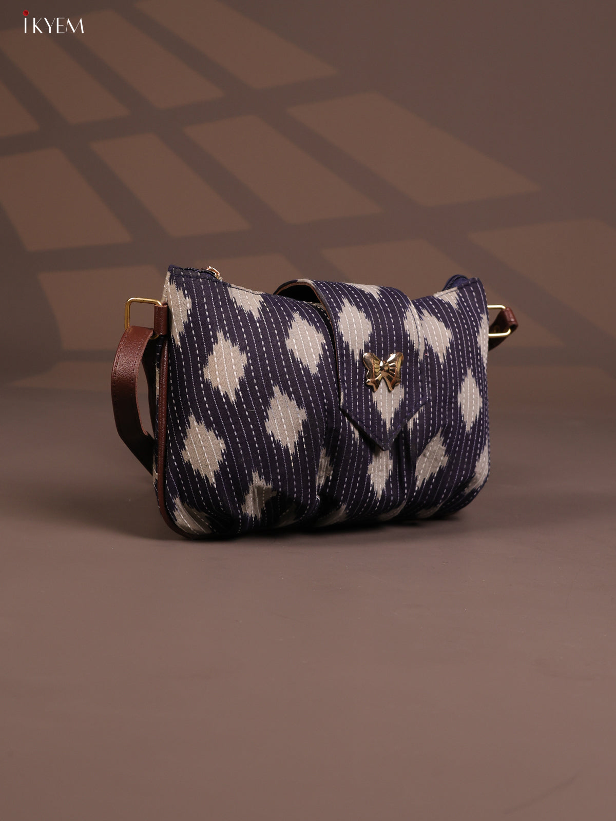 Ikat Cotton Leather sling Bag with 2 Compartments - Gray - KD26772