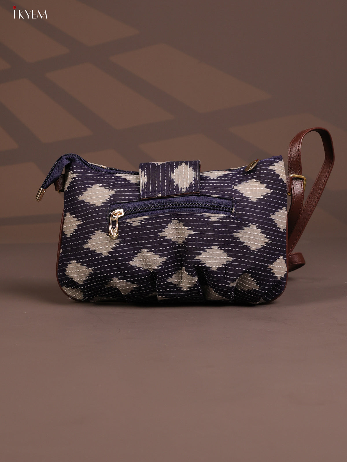 Ikat Cotton Leather sling Bag with 2 Compartments - Gray - KD26772