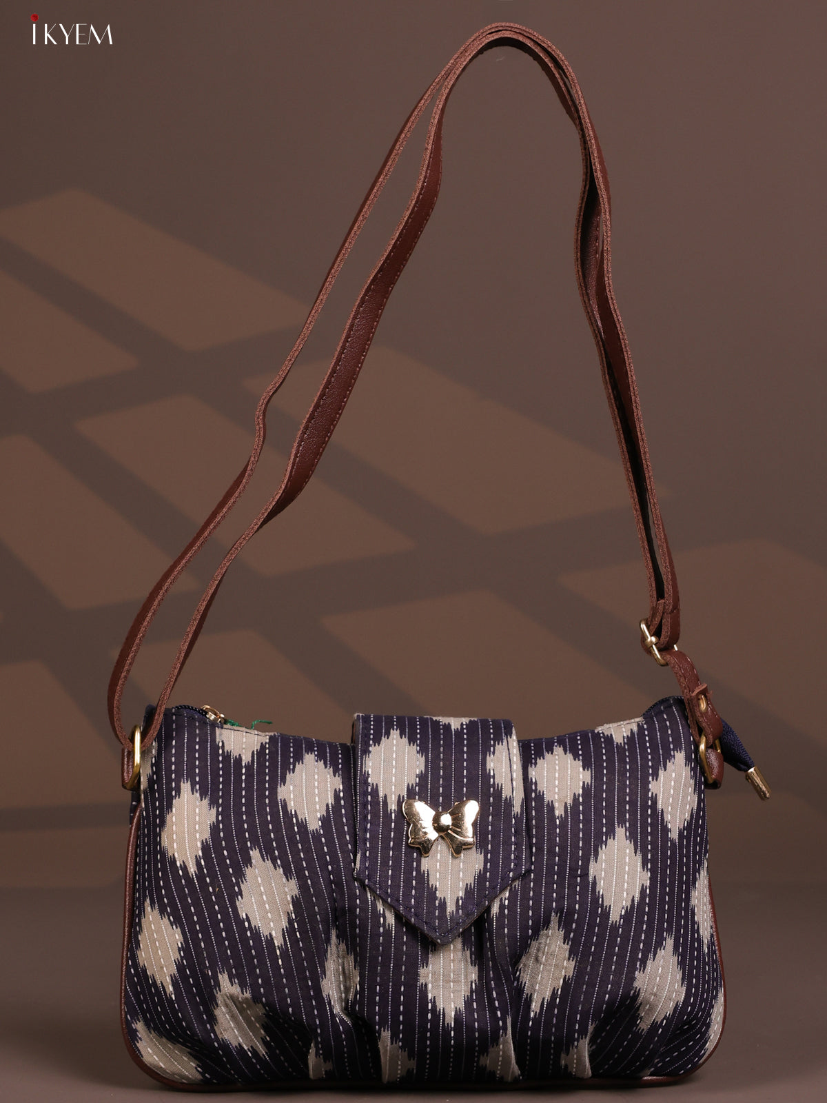 Ikat Cotton Leather sling Bag with 2 Compartments - Gray - KD26772