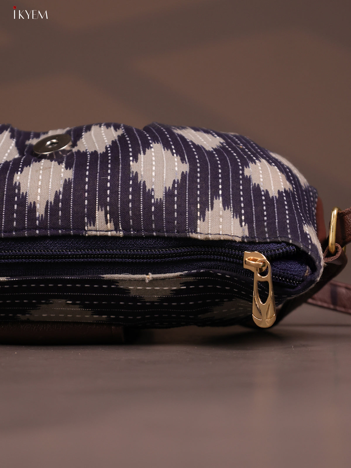 Ikat Cotton Leather sling Bag with 2 Compartments - Gray - KD26772