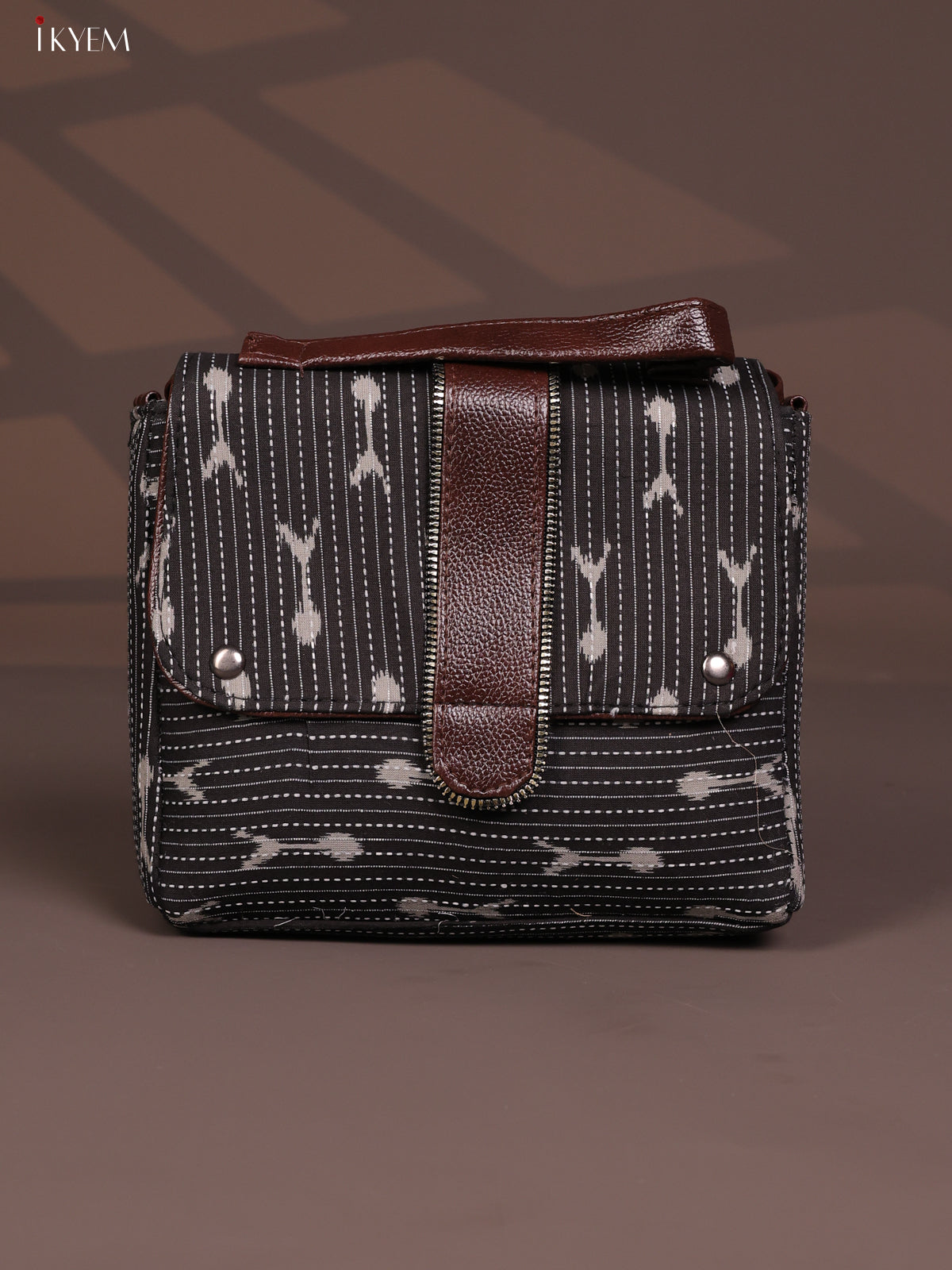 Ikat Pattern Leather Flap Sling Bag with 3 Compartments- Black - KD26806