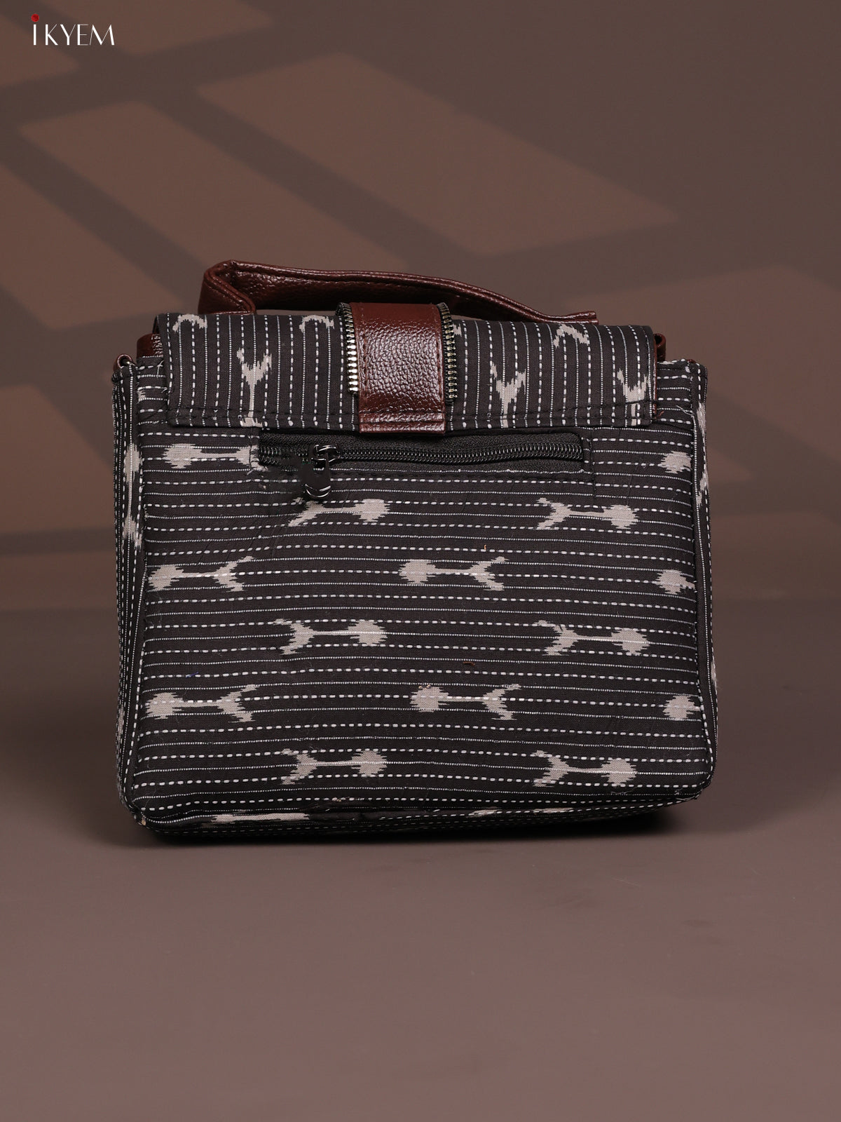 Ikat Pattern Leather Flap Sling Bag with 3 Compartments- Black - KD26806