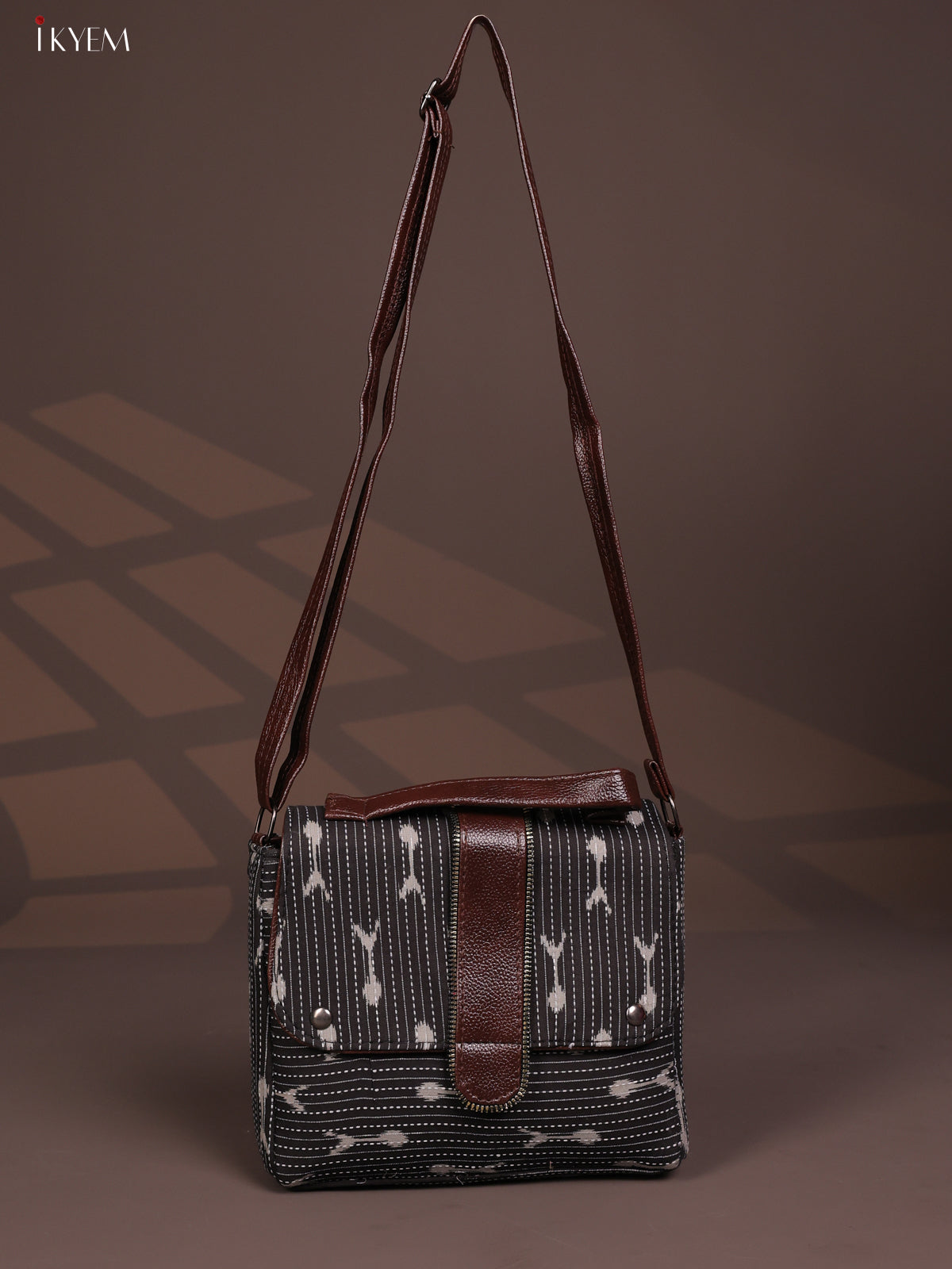 Ikat Pattern Leather Flap Sling Bag with 3 Compartments- Black - KD26806