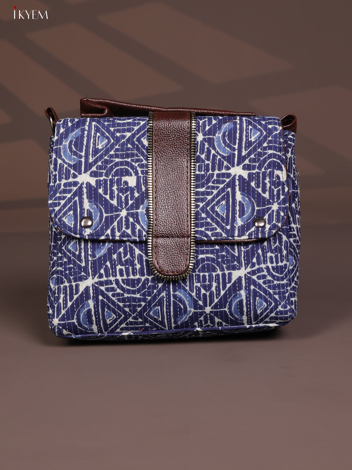 Geometric Pattern Leather Flap Sling Bag with 3 Compartments Bag- Navy Blue - KD26809