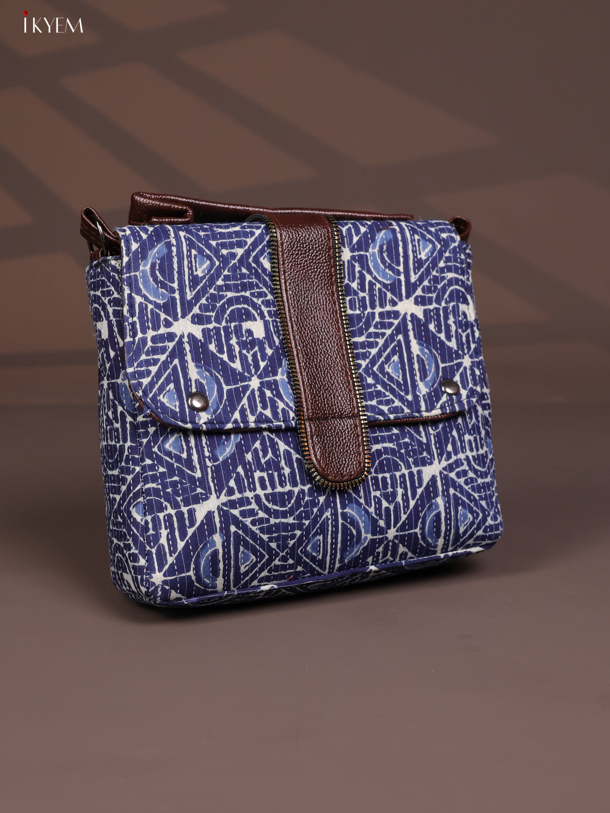 Geometric Pattern Leather Flap Sling Bag with 3 Compartments Bag- Navy Blue - KD26809