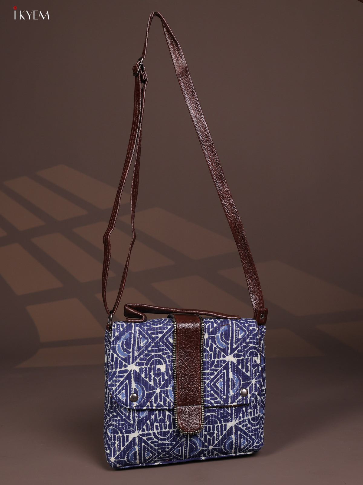 Geometric Pattern Leather Flap Sling Bag with 3 Compartments Bag- Navy Blue - KD26809