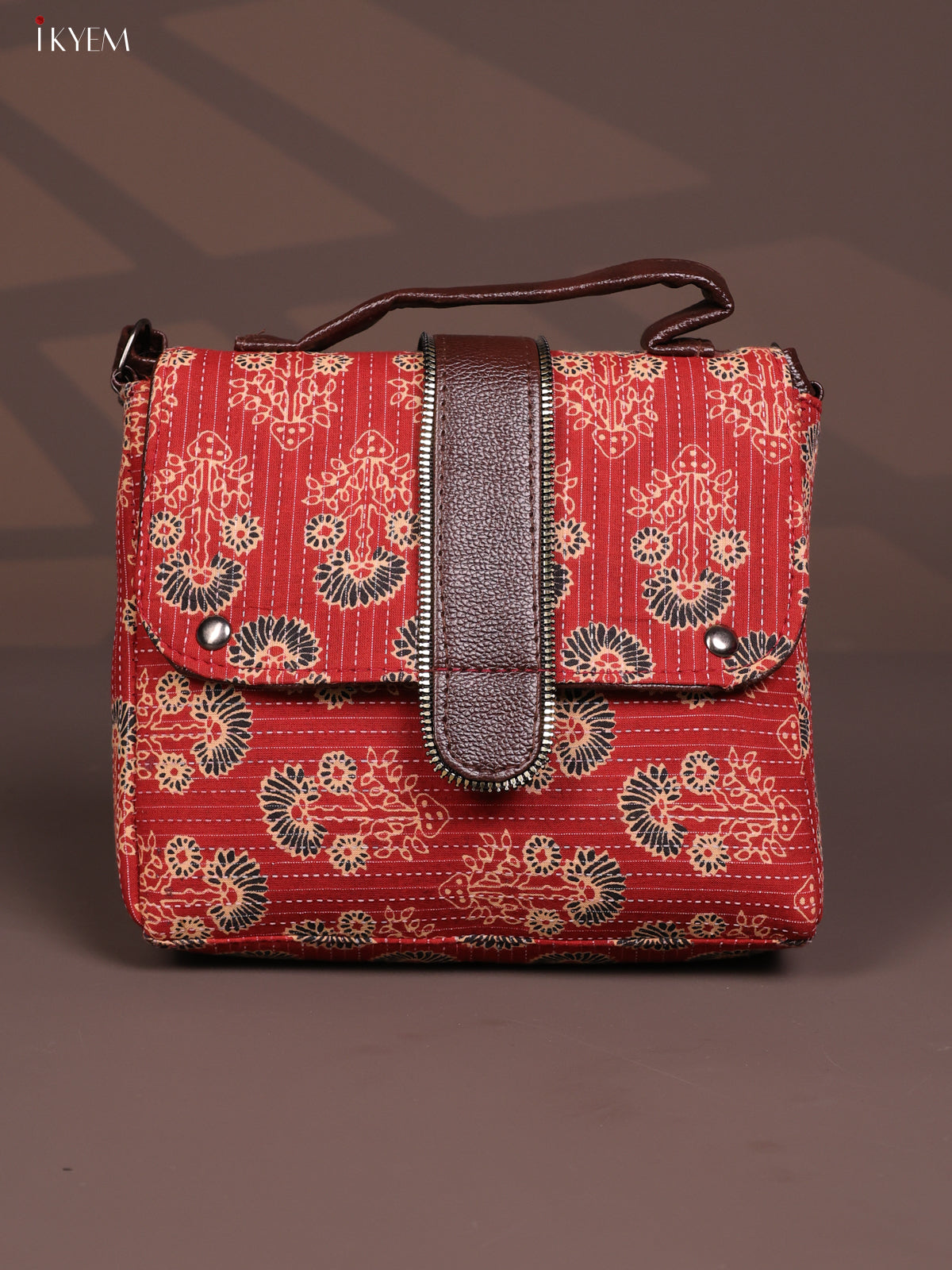 Floral Pattern Leather Flap Sling Bag with 3 Compartments - Red - KD26810
