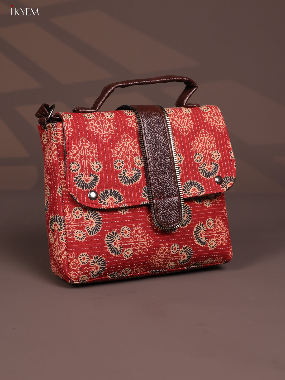 Floral Pattern Leather Flap Sling Bag with 3 Compartments - Red - KD26810