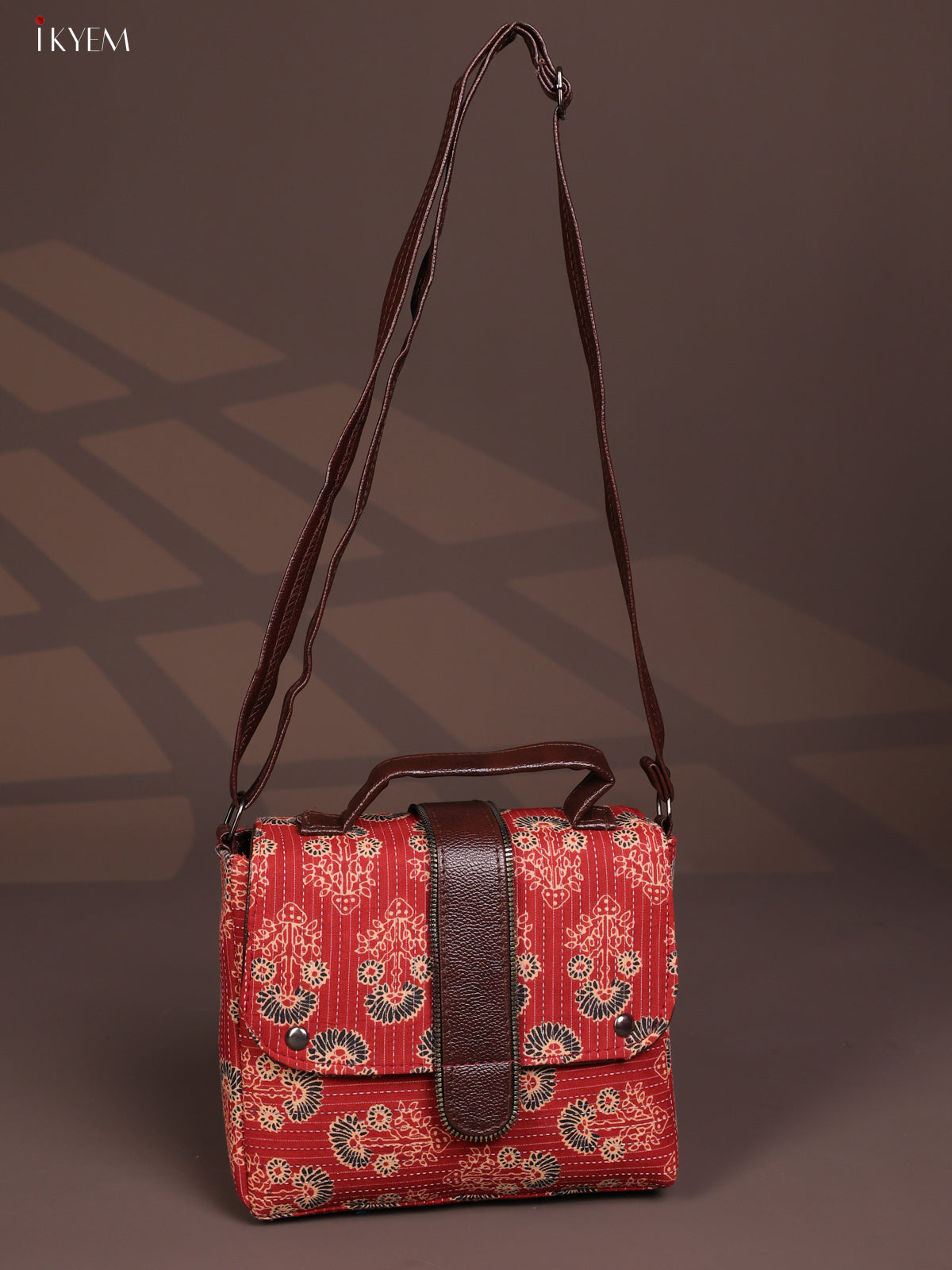 Floral Pattern Leather Flap Sling Bag with 3 Compartments - Red - KD26810