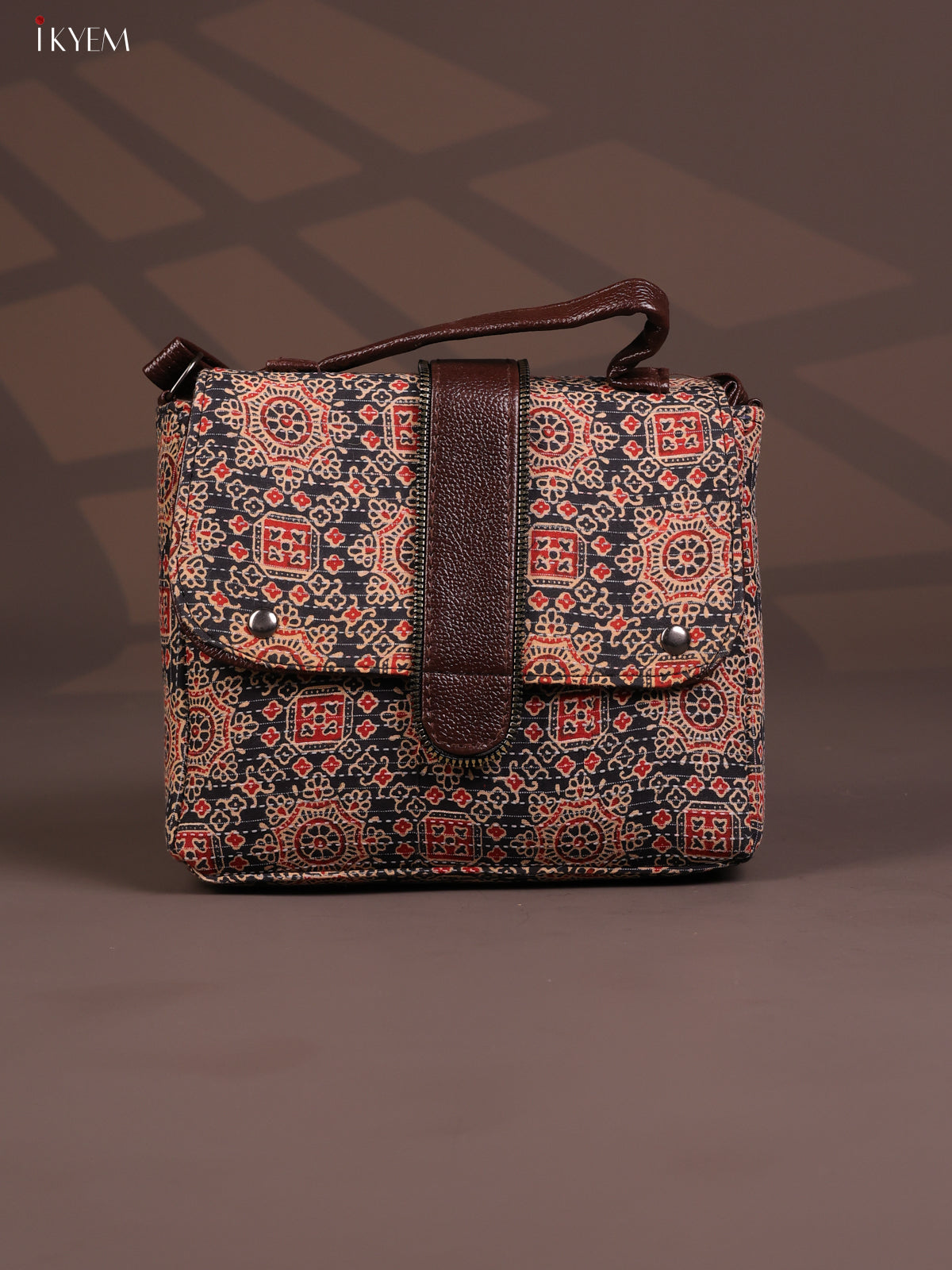Ajrakh Pattern Leather Flap Sling Bag with 3 Compartments - Black with Red - KD26811