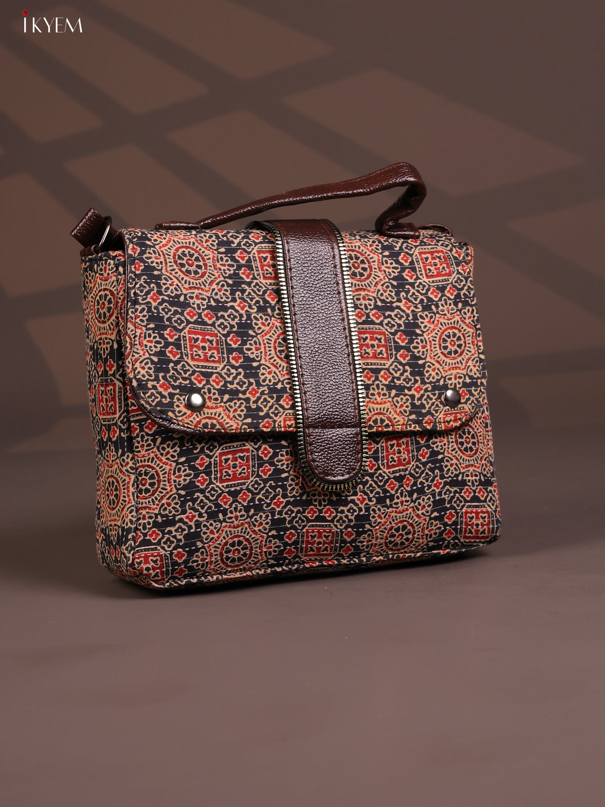 Ajrakh Pattern Leather Flap Sling Bag with 3 Compartments - Black with Red - KD26811