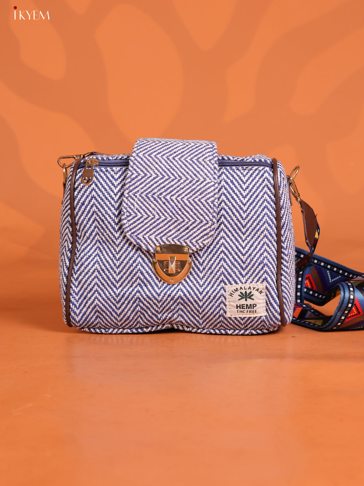 Jacquard Zigzag Pattern Leather Sling Bag Gusset & Flap with 3 compartments - Navy Blue - KD26836