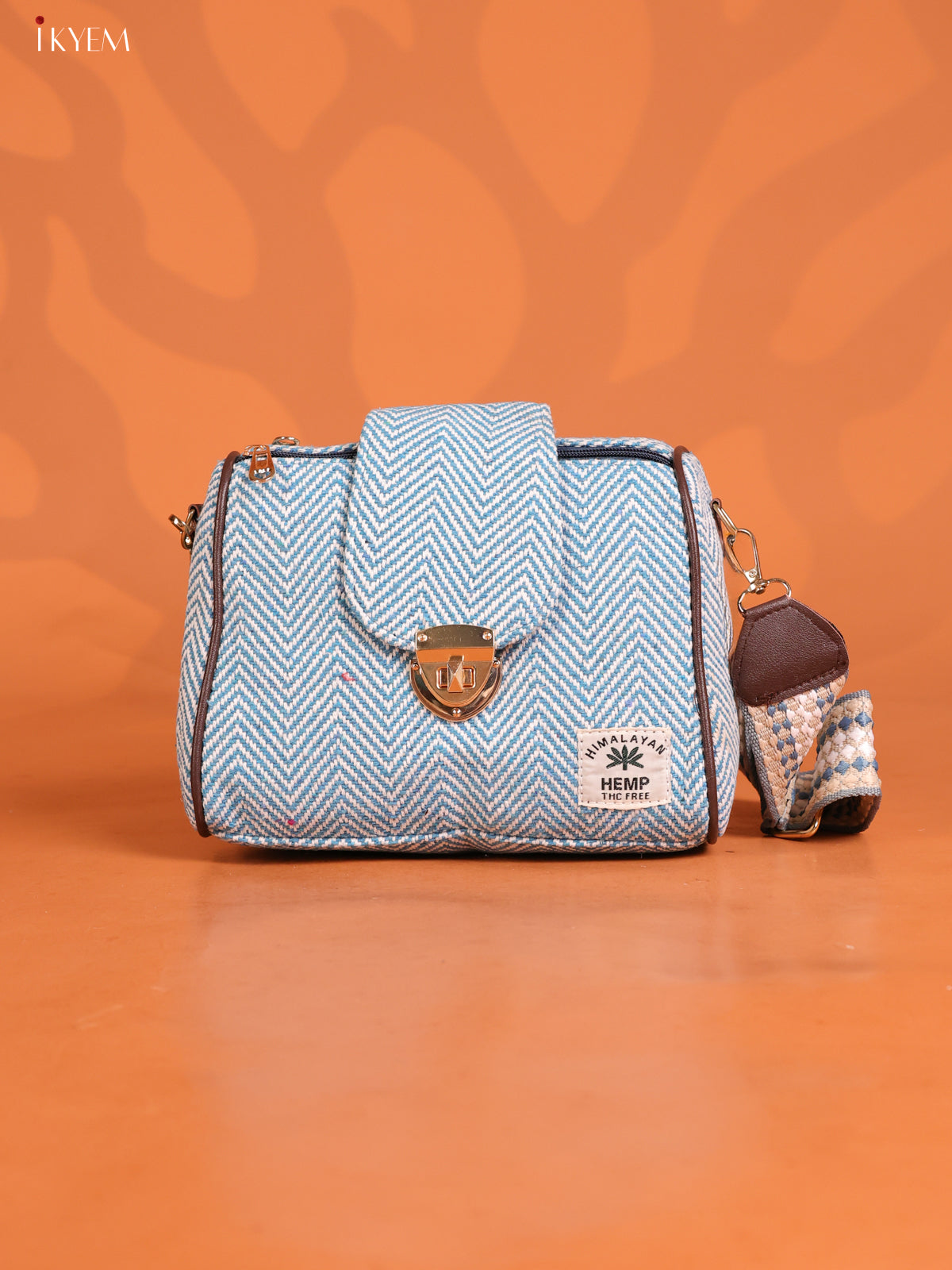 Jacquard Zigzag Pattern Leather Sling Bag Gusset & Flap with 3 compartments - Blue - KD26837