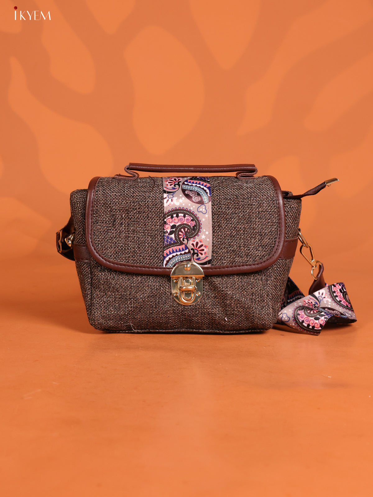 Jacquard Gusset & Flap Printed Sling bag with 2 Compartments - Brown - KD26841