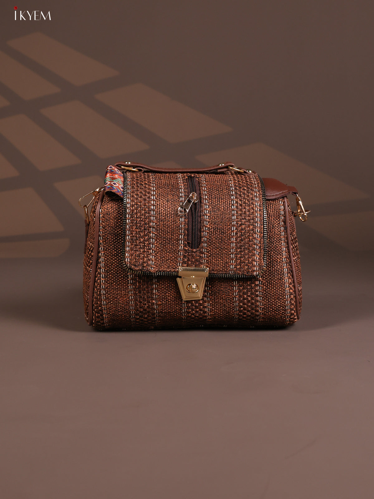 Jacquard Gusset & Flap Printed Sling bag with 4 Compartments - Coffee Brown - KD26847