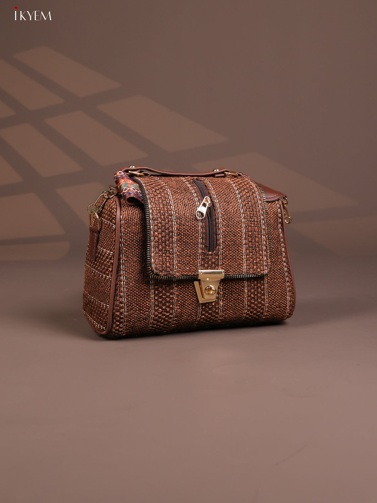 Jacquard Gusset & Flap Printed Sling bag with 4 Compartments - Coffee Brown - KD26847