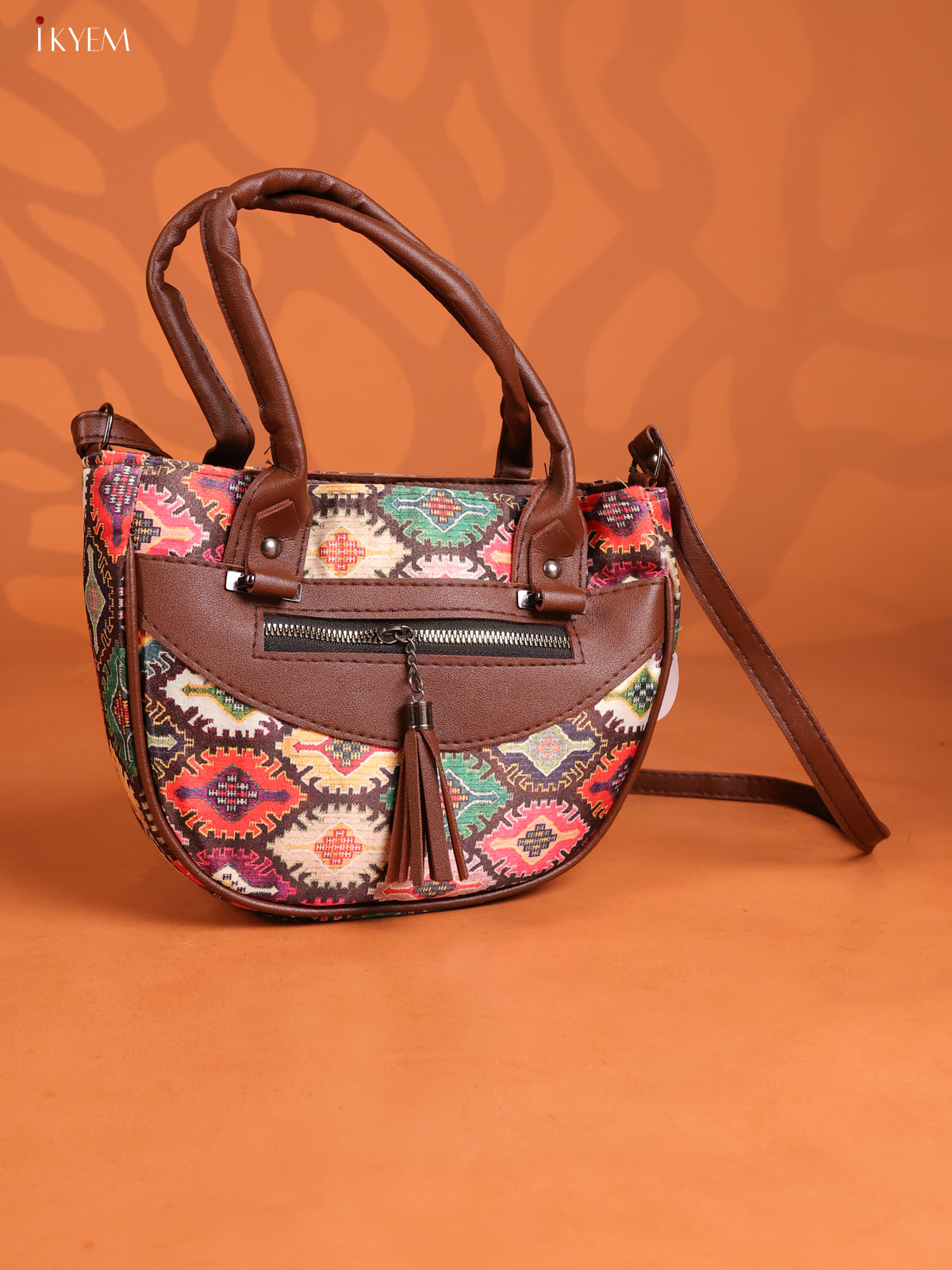 Ikat Printed Leather Sling Bag with 4 compartments - Multicolour - KD26899