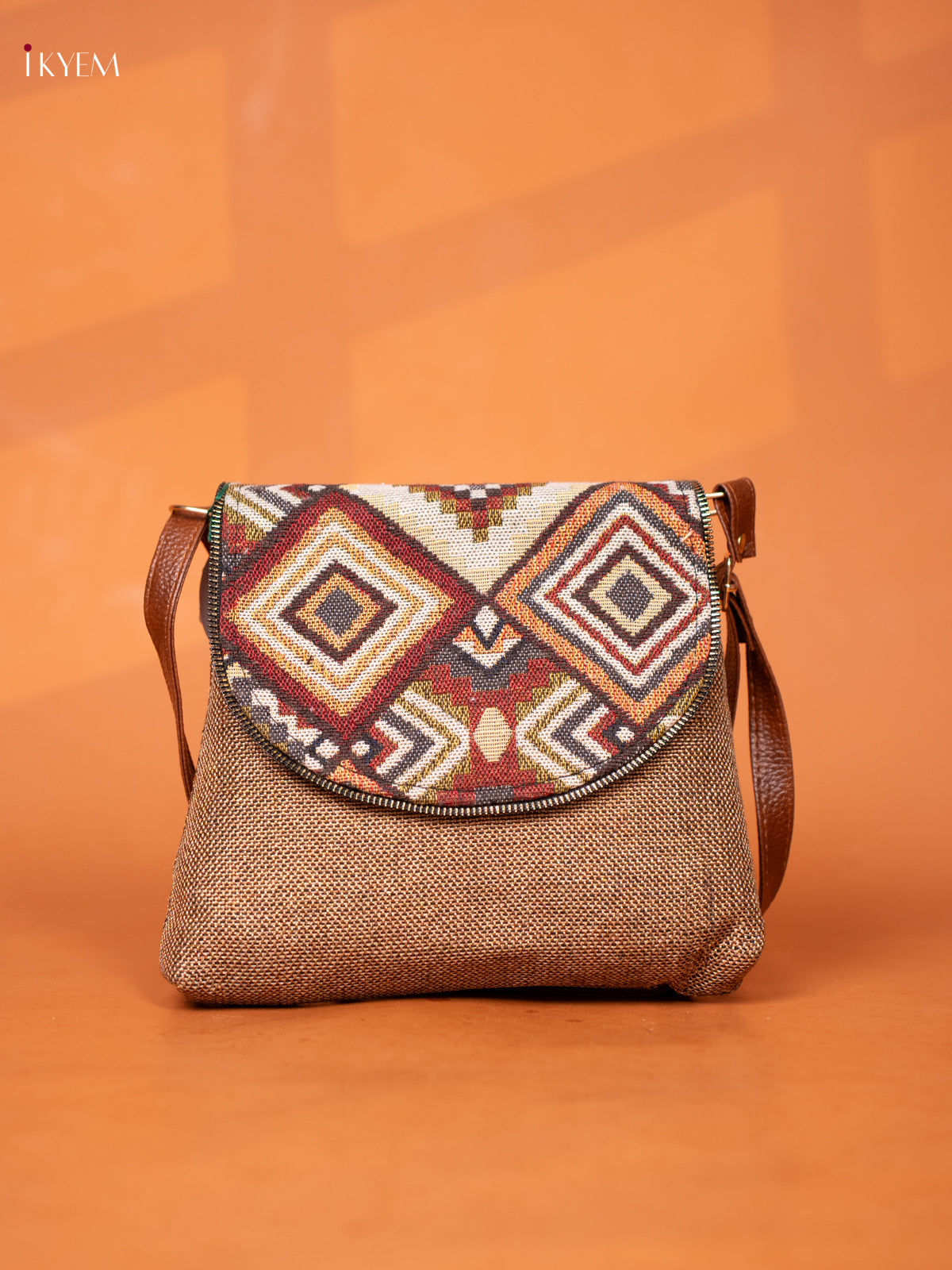 jacquard Leather Sling bag with Printed Flap - Sandal - KD26923