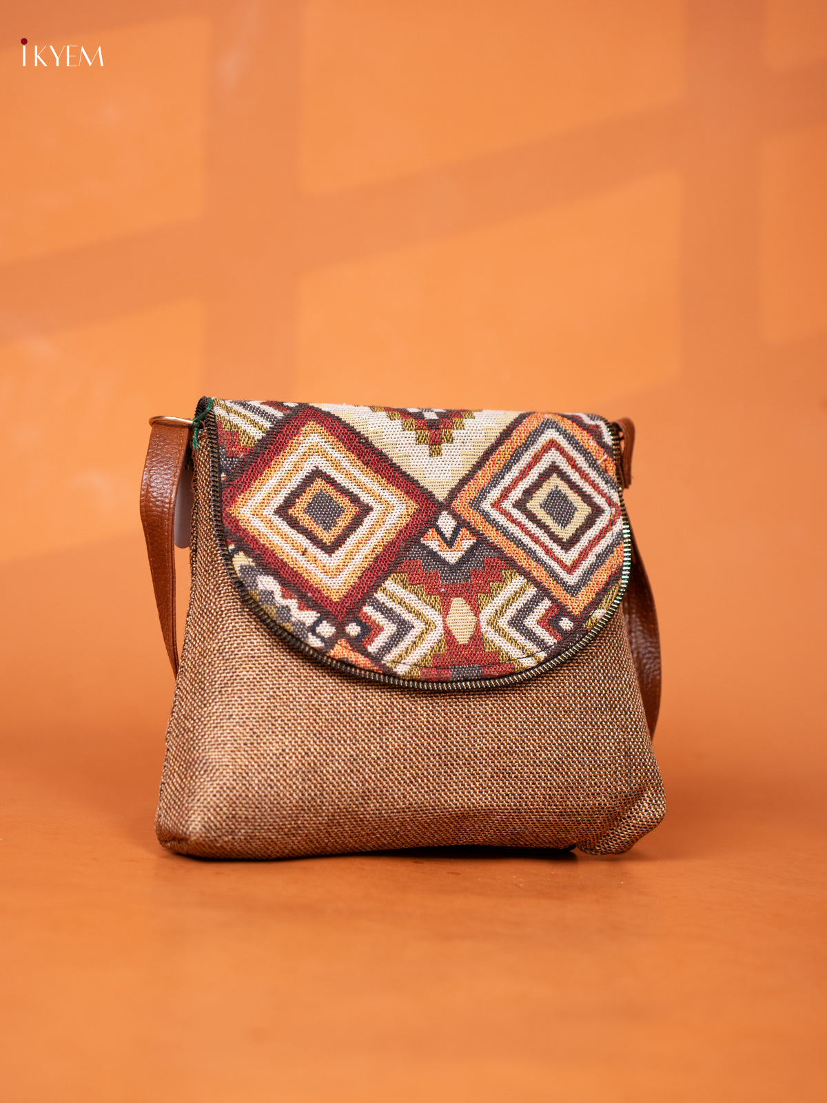 jacquard Leather Sling bag with Printed Flap - Sandal - KD26923
