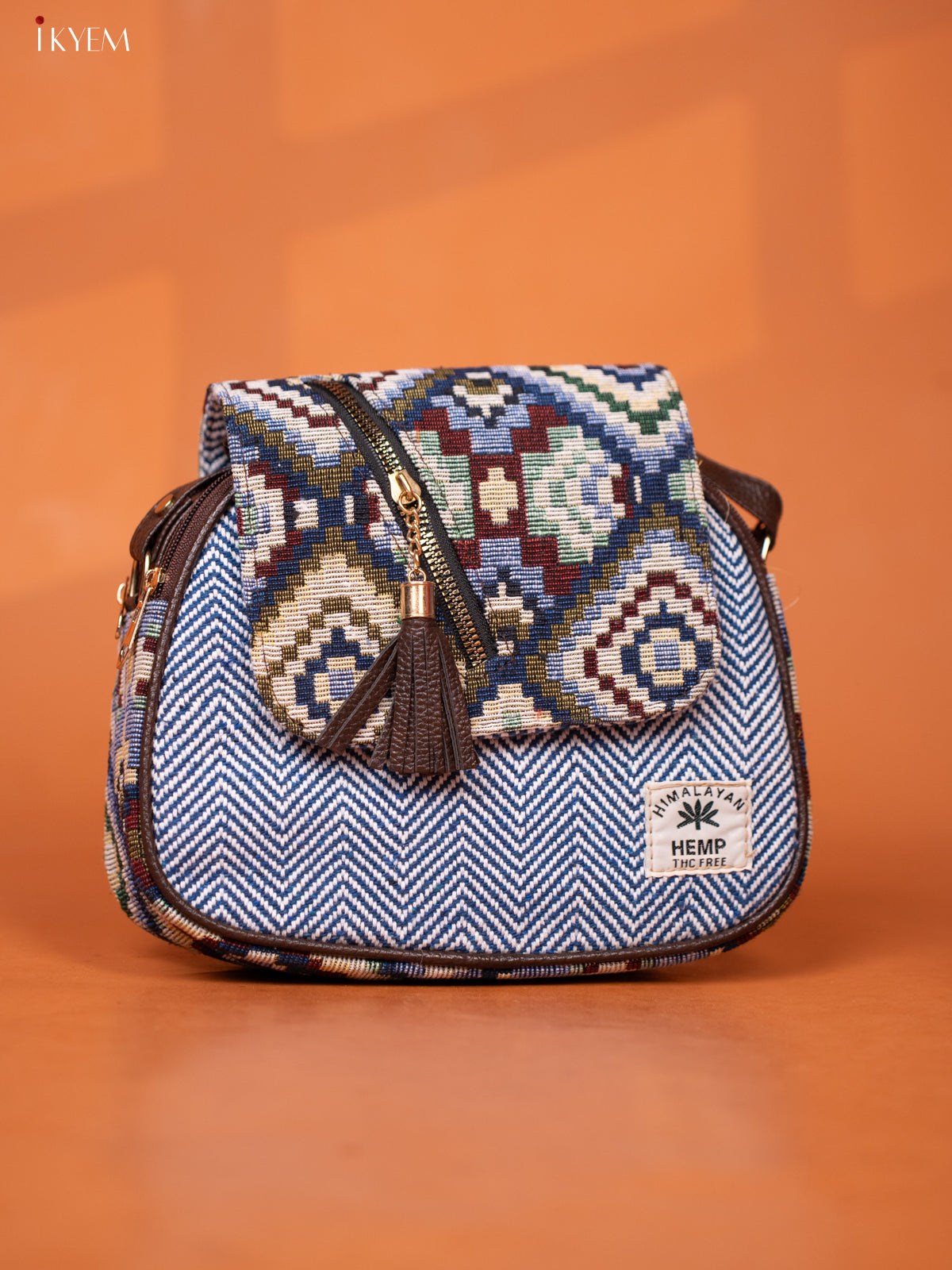 Jacquard Woven Leather Sling Bag with 4 Compartments - Blue - KD26952