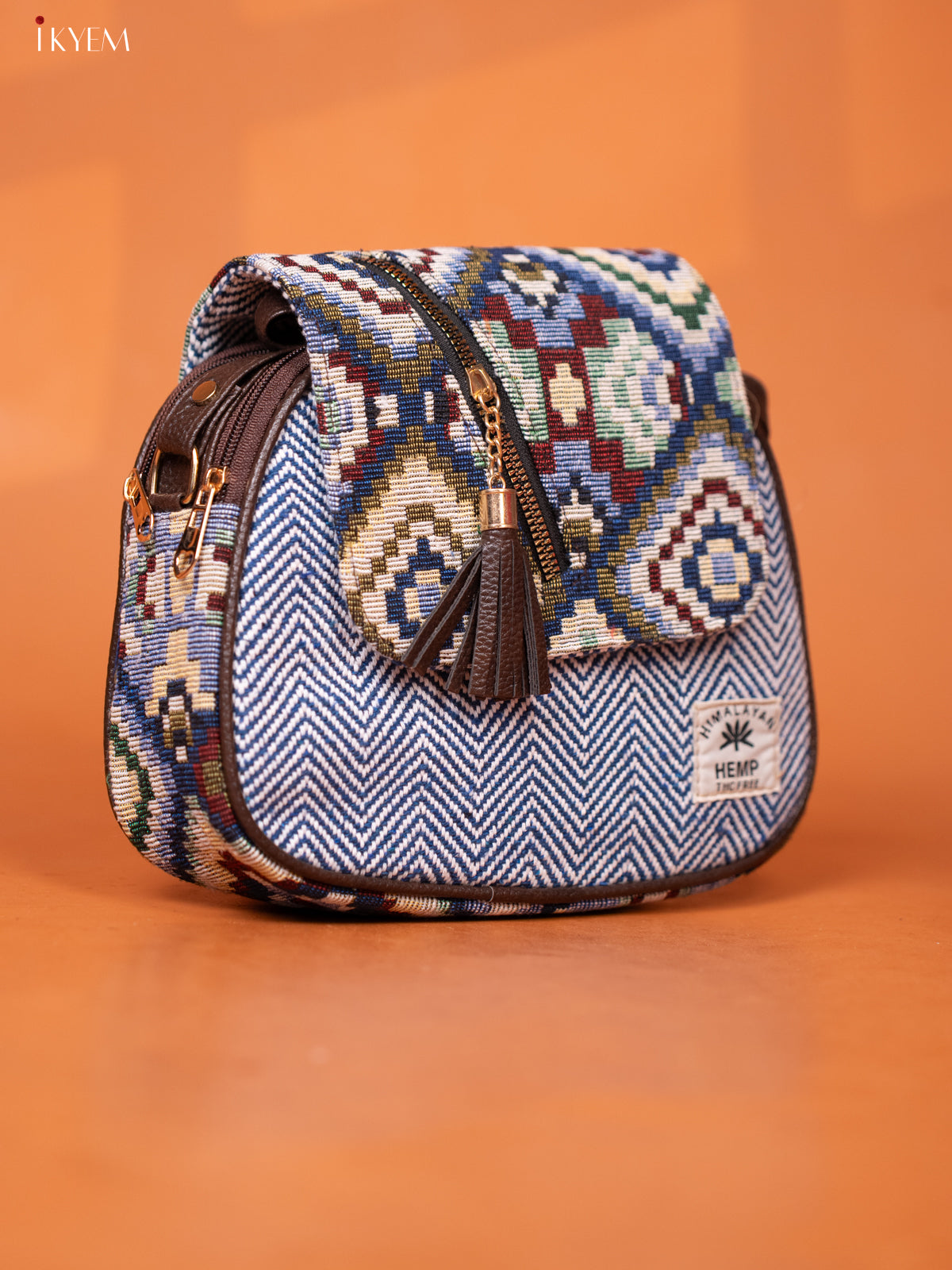 Jacquard Woven Leather Sling Bag with 4 Compartments - Blue - KD26952