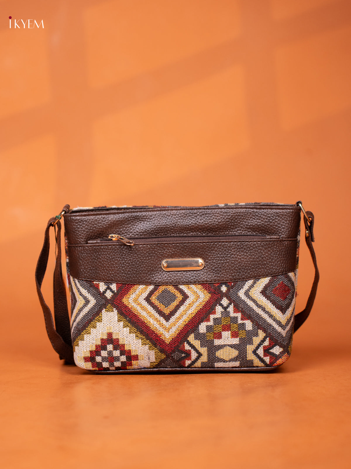 ikat Leather Sling Bag with 3 Compartments -Brown - KD26961