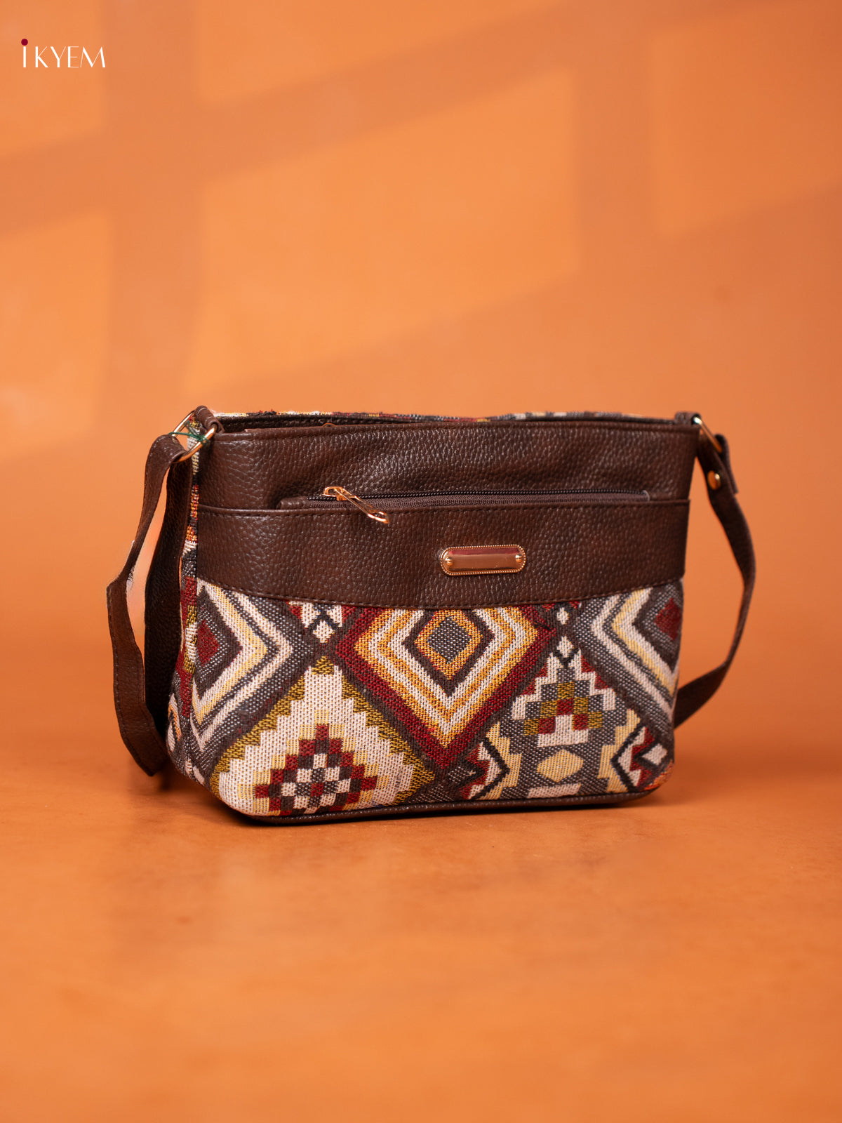 ikat Leather Sling Bag with 3 Compartments -Brown - KD26961