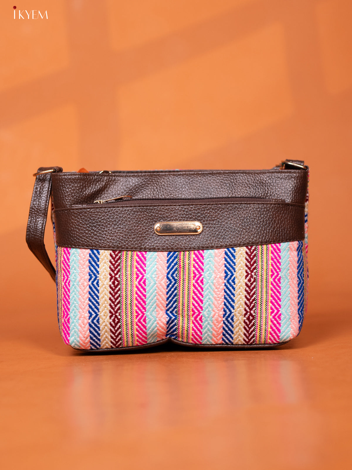 Jacquard Sling Bag with 3 Compartments -Multicolour - KD26963