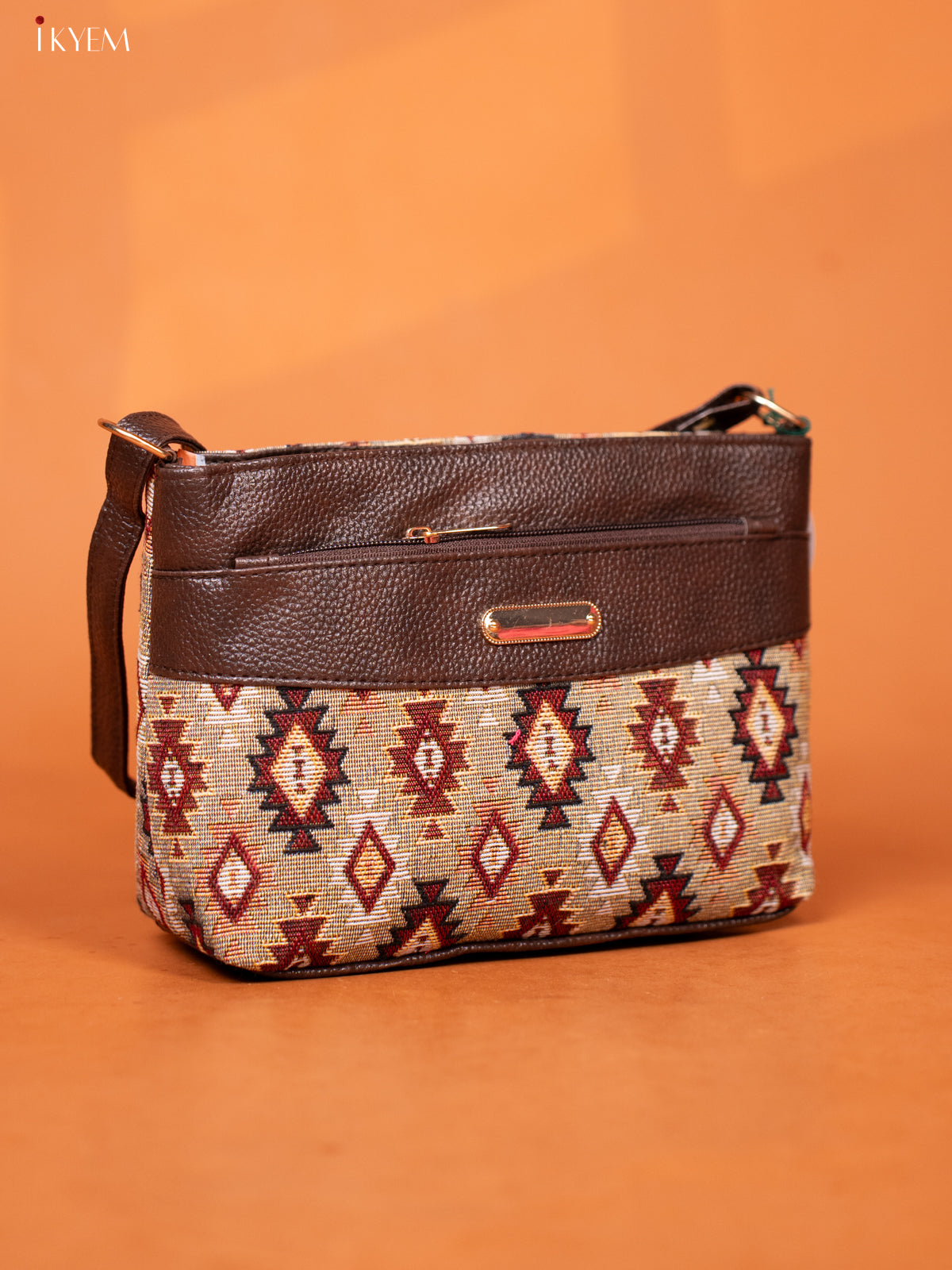 ikat Leather Sling Bag with 3 Compartments - Sandal - KD26964