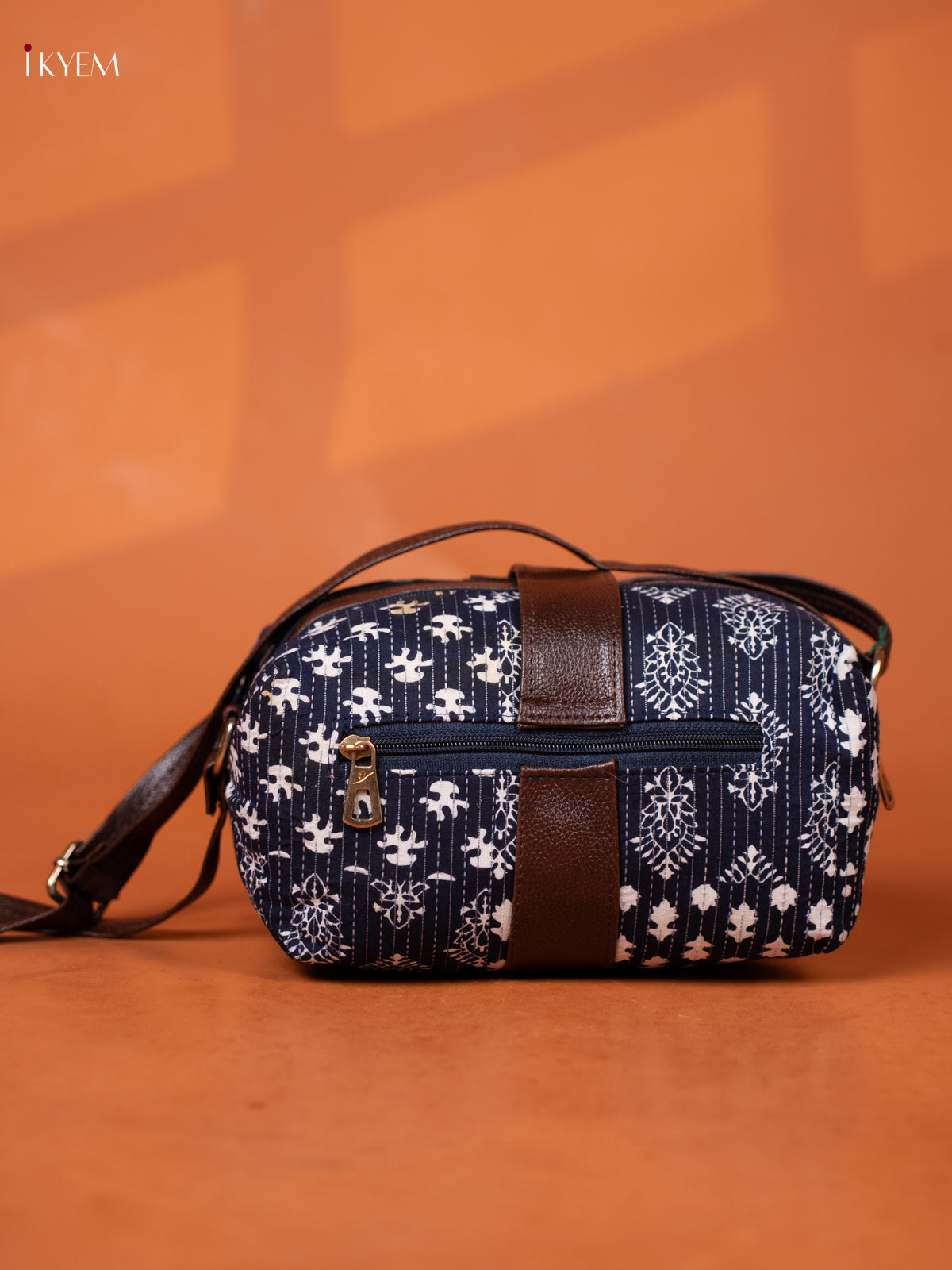 Ikat Cotton Leather Sling bag with 3 Compartments -Navy Blue - KD26970