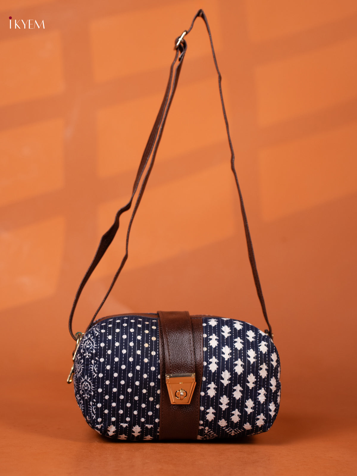 Ikat Cotton Leather Sling bag with 3 Compartments -Navy Blue - KD26970