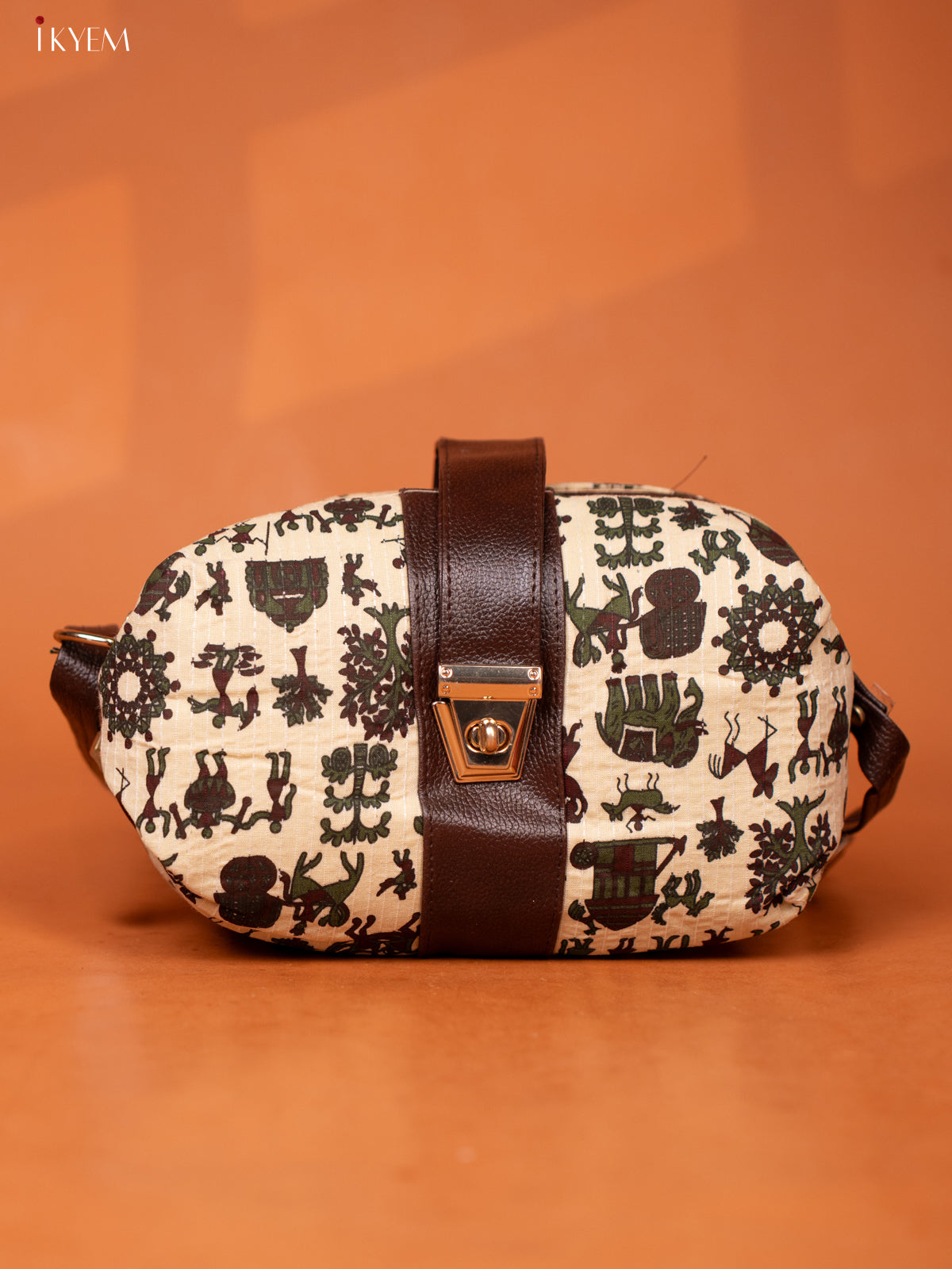 Warli Cotton Leather Sling Bag -Light Beige - KD26971