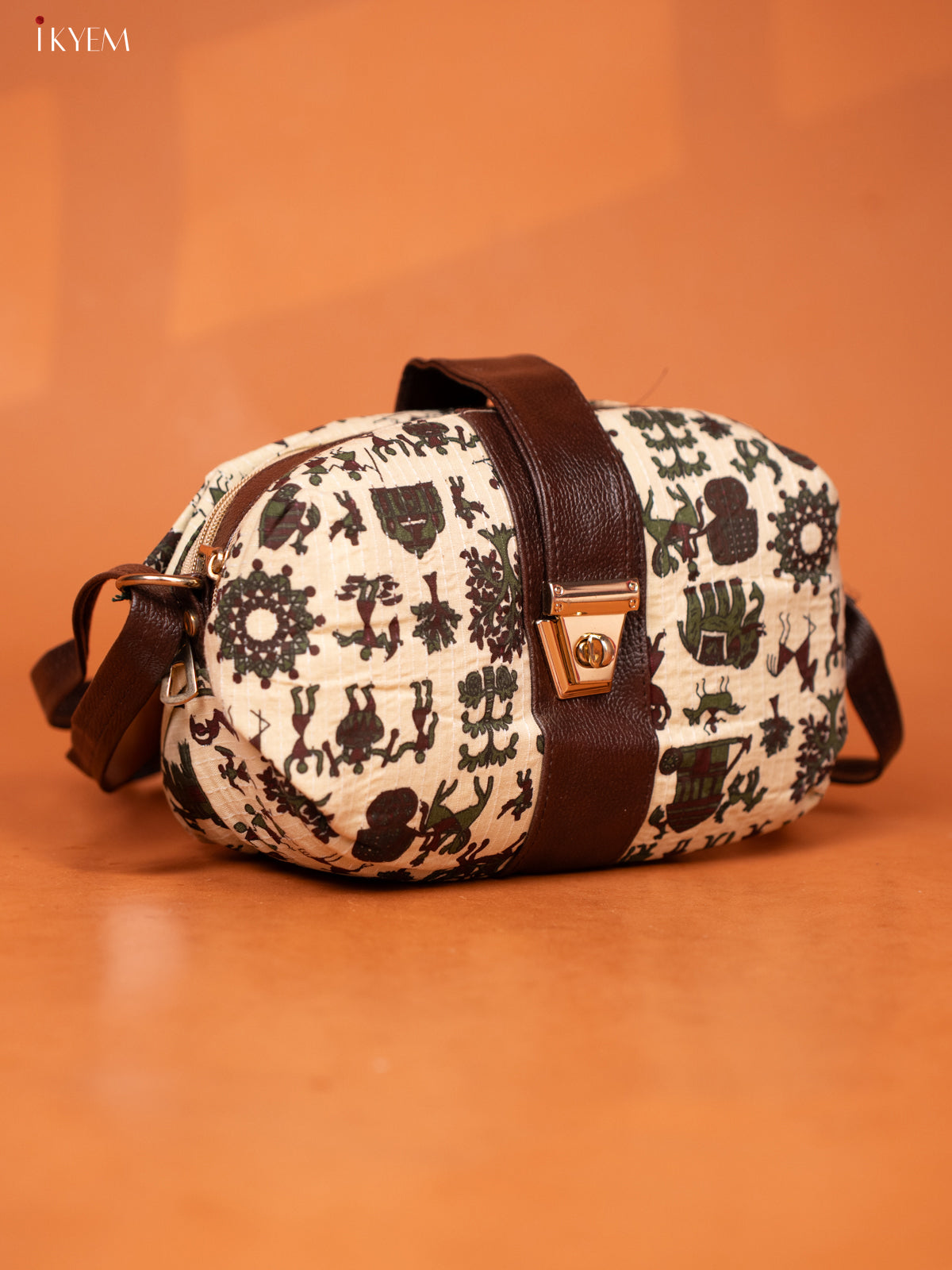 Warli Cotton Leather Sling Bag -Light Beige - KD26971